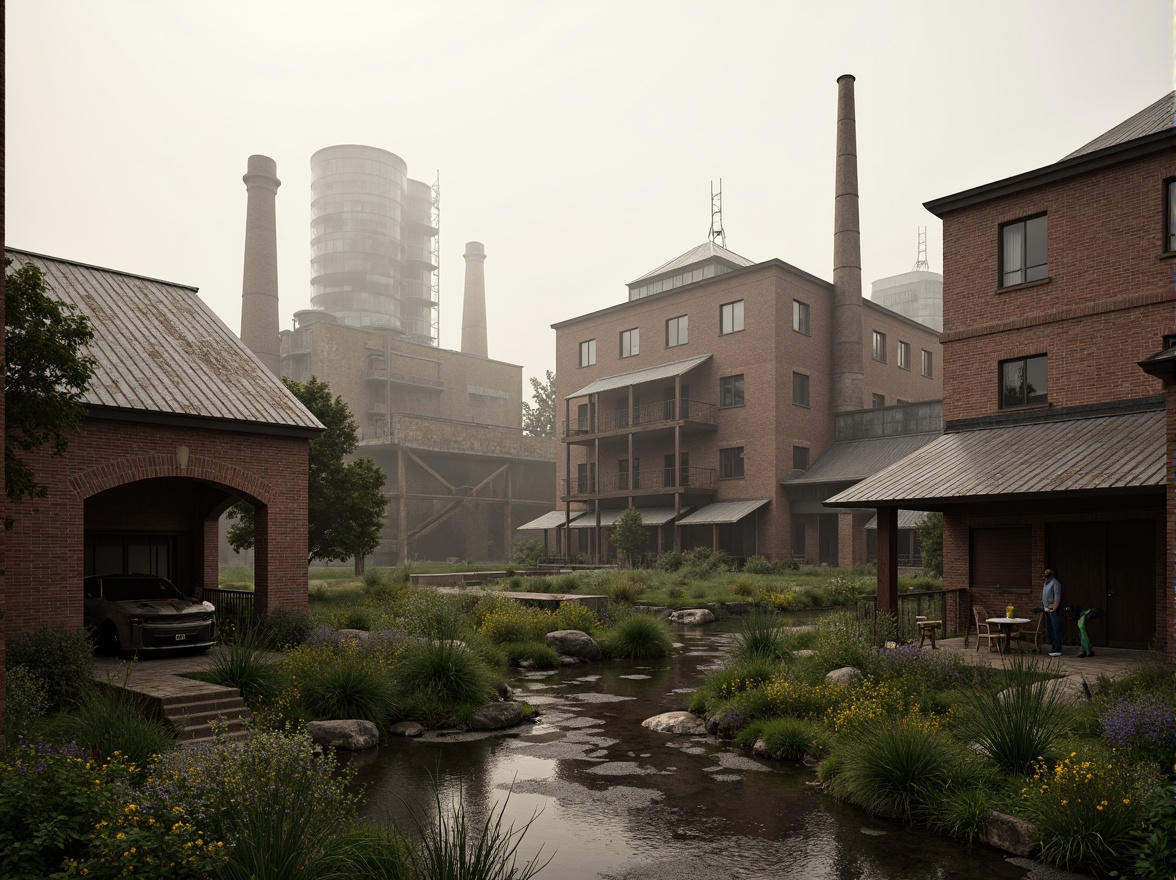 Prompt: Industrial factory complex, rustic brick buildings, corrugated metal roofs, worn concrete walls, vintage machinery, abandoned chimneys, overgrown vegetation, wildflowers, meandering streams, misty atmosphere, soft warm lighting, shallow depth of field, 3/4 composition, panoramic view, realistic textures, ambient occlusion, regionalism-inspired architecture, modern industrial design, functional spaces, exposed ductwork, metal catwalks, reclaimed wood accents, earthy color palette, natural stone pathways, weathered steel bridges.