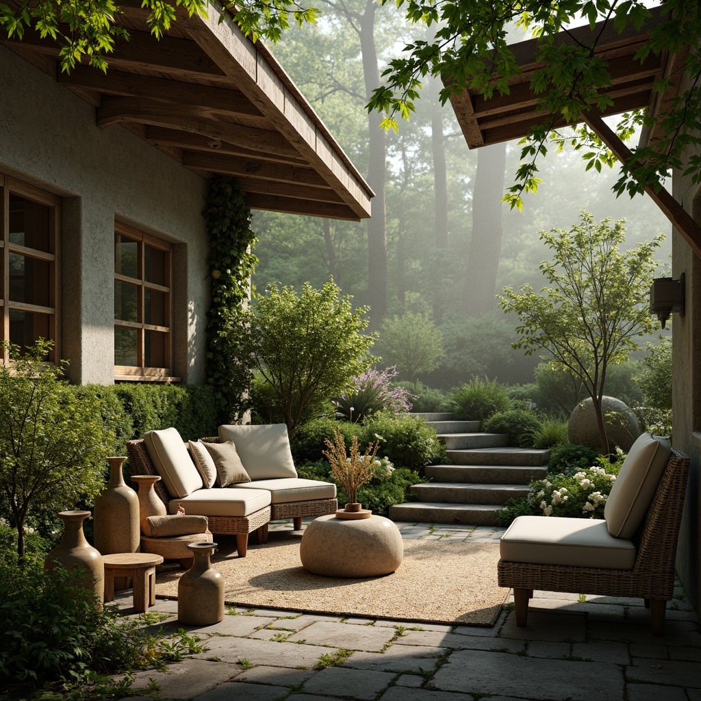 Prompt: Soft celadon hues, natural earth tones, gentle misty atmosphere, serene forest surroundings, rustic wooden accents, woven wicker furniture, vintage ceramic vases, distressed stone walls, moss-covered pathways, warm golden lighting, shallow depth of field, 1/1 composition, intimate close-up shots, realistic textures, ambient occlusion.