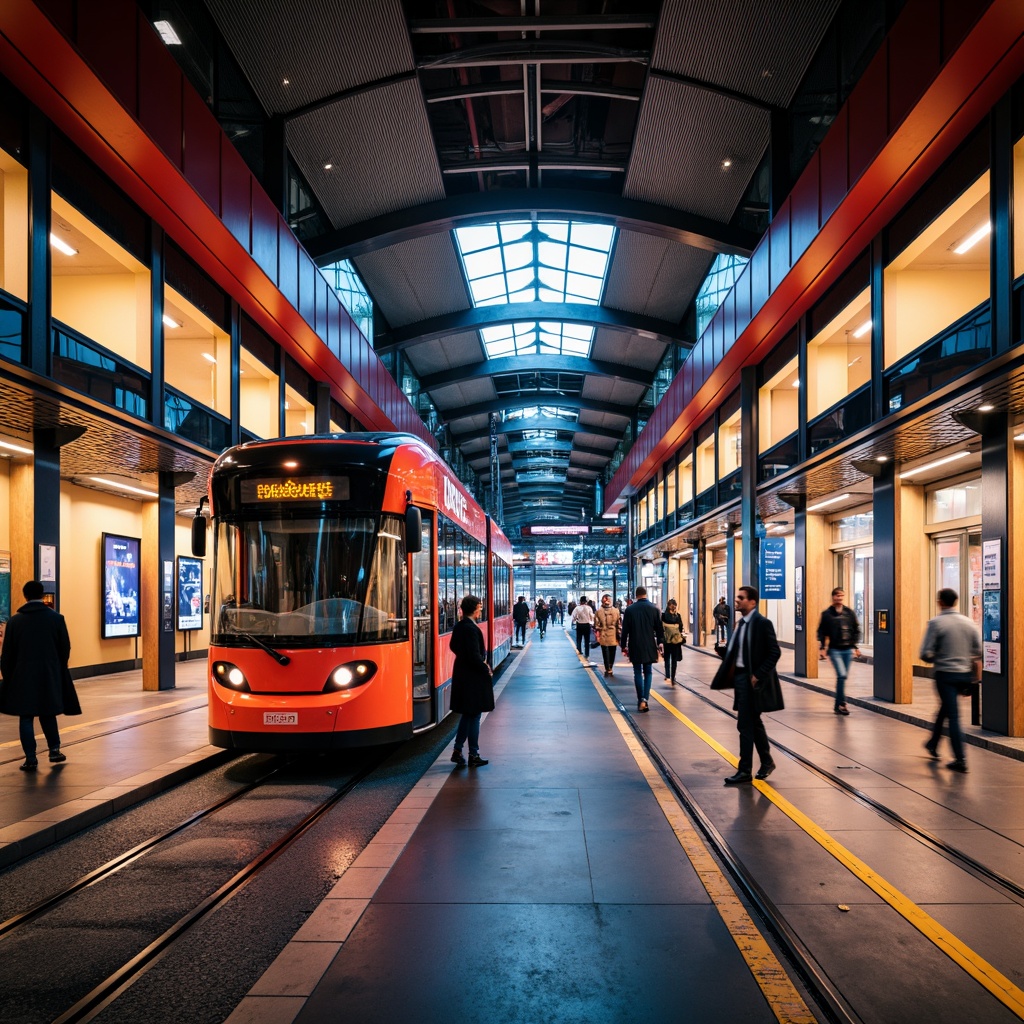 Prompt: Vibrant tram station, bold color schemes, contrasting hues, dynamic lighting effects, futuristic architecture, sleek metal beams, polished concrete floors, modern signage systems, electronic displays, urban cityscape views, rush hour atmosphere, warm golden lighting, shallow depth of field, 1/2 composition, realistic textures, ambient occlusion.