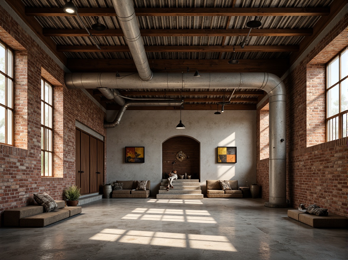 Prompt: Rustic industrial landscape, abandoned factories, worn brick walls, distressed metal roofs, reclaimed wood accents, earthy tones, natural textures, regional materials, local craftsmanship, exposed ductwork, concrete floors, steel beams, functional minimalism, industrial chic aesthetic, warm soft lighting, shallow depth of field, 1/1 composition, realistic renderings, ambient occlusion.