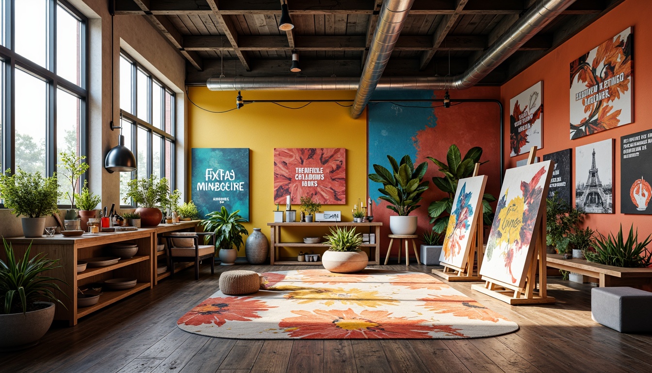 Prompt: Vibrant modern art studio, eclectic color palette, bold brushstrokes, textured canvases, artistic easels, inspirational quotes, natural wood floors, industrial metal beams, oversized windows, soft warm lighting, 3/4 composition, shallow depth of field, realistic textures, ambient occlusion.