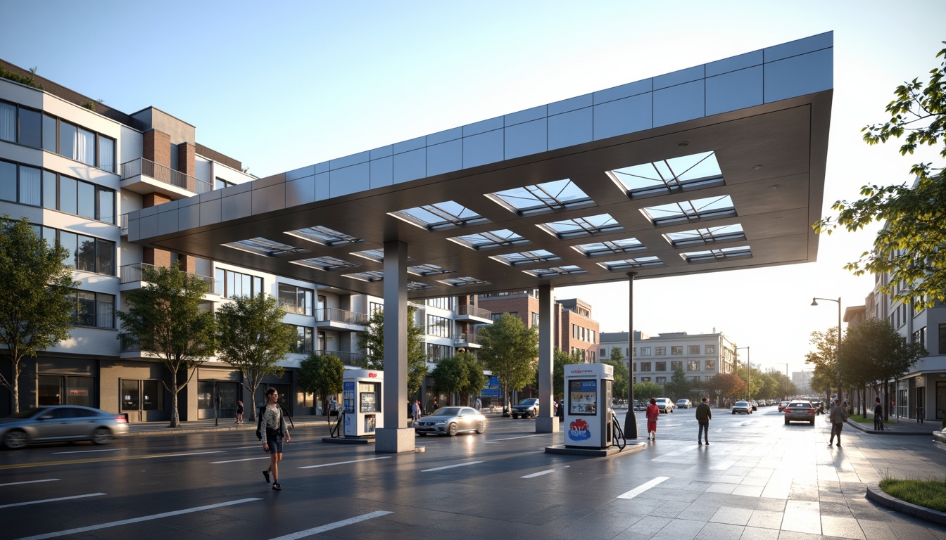 Prompt: Modern gas station, sleek canopy structure, minimalist design, angular lines, stainless steel beams, translucent roofing, natural ventilation, LED lighting, futuristic fuel pumps, digital signage, urban landscape, busy streets, morning sunlight, shallow depth of field, 1/1 composition, realistic textures, ambient occlusion.