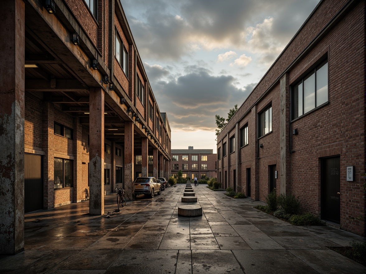 Prompt: Industrial factory setting, exposed brick walls, metal beams, worn wooden floors, distressed concrete textures, vintage machinery, rusty pipes, urban cityscape, cloudy grey skies, warm golden lighting, shallow depth of field, 1/2 composition, realistic materials, ambient occlusion, muted color palette, earthy tones, weathered steel blues, faded reds, industrial greens, creamy whites, rich browns.