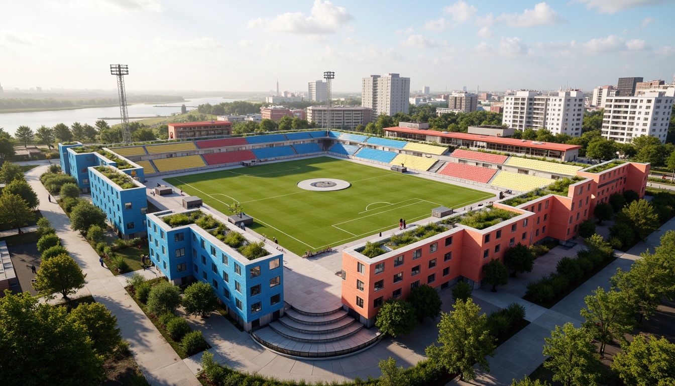 Prompt: Vibrant soccer stadium, social housing complex, bold team colors, dynamic architecture, angular lines, modern fa\u00e7ade, green roofs, eco-friendly materials, innovative ventilation systems, shaded outdoor spaces, misting systems, urban landscape, city skyline, sunny day, soft warm lighting, shallow depth of field, 3/4 composition, panoramic view, realistic textures, ambient occlusion.