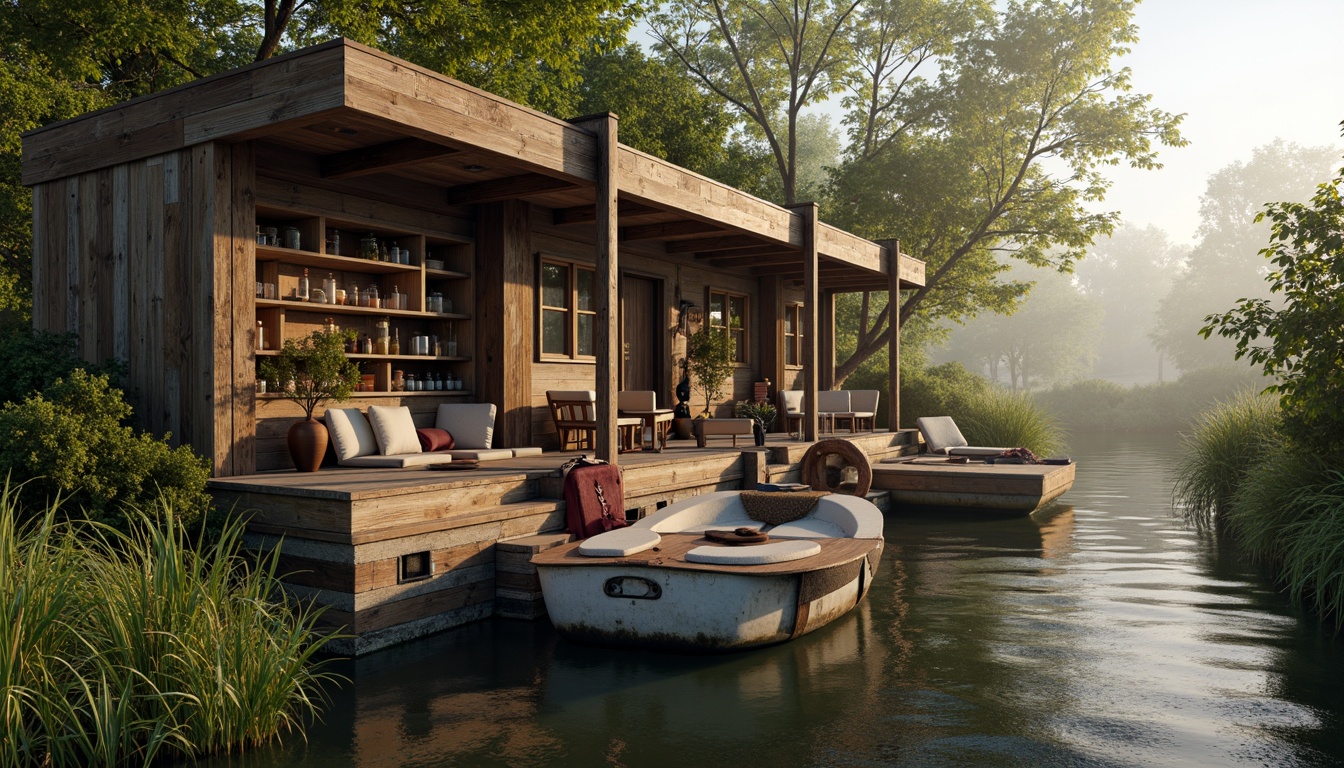 Prompt: Whimsical boathouse, eclectic facade, distressed wood textures, vintage nautical elements, rusty metal accents, colorful glass bottles, woven wicker furniture, lush greenery, overgrown vegetation, misty morning atmosphere, soft warm lighting, shallow depth of field, 1/1 composition, realistic water reflections, ambient occlusion.