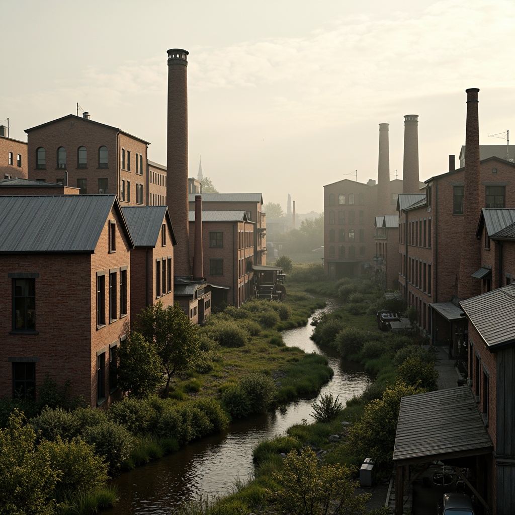 Prompt: Industrial factory complex, rustic brick buildings, corrugated metal roofs, worn concrete walls, vintage machinery, abandoned chimneys, overgrown vegetation, wildflowers, meandering streams, misty atmosphere, soft warm lighting, shallow depth of field, 3/4 composition, panoramic view, realistic textures, ambient occlusion, regionalist architectural style, functional simplicity, earthy color palette, distressed finishes, reclaimed wood accents, metal cladding, industrial heritage, nostalgic ambiance.