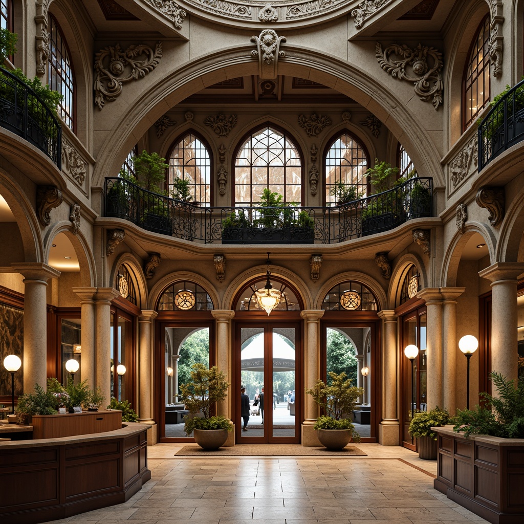 Prompt: Intricate bank facade, ornate Art Nouveau details, natural stone walls, carved wooden doors, stained glass windows, flowing organic lines, botanical motifs, curved metal railings, grand entrance hall, marble floors, polished wood counters, elegant chandeliers, warm soft lighting, shallow depth of field, 1/2 composition, realistic textures, ambient occlusion.