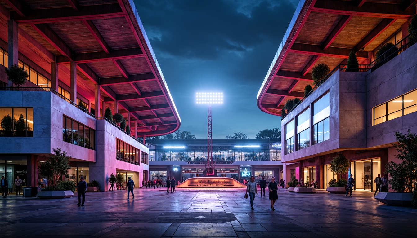 Prompt: Vibrant stadium, expressionist architecture, bold concrete structures, rough stone walls, rusty metal beams, distressed wood accents, dynamic curved lines, abstract geometric patterns, bright neon lights, electric atmosphere, intense shadows, high-contrast colors, dramatic spotlights, cinematic composition, 1/2 camera angle, shallow depth of field, realistic textures, ambient occlusion.