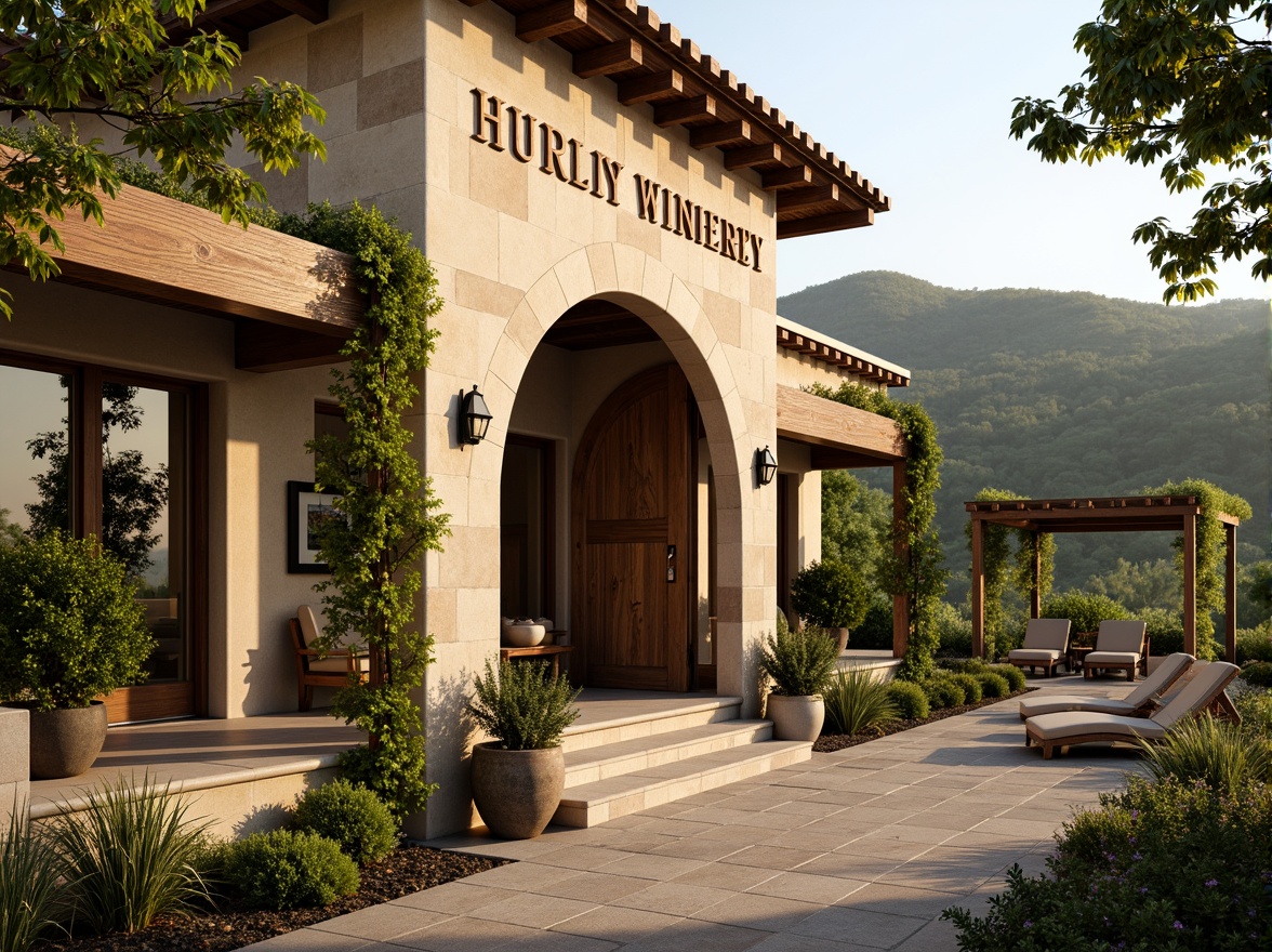 Prompt: Rustic winery facade, Mediterranean-inspired architecture, earthy tones, stone walls, wooden accents, curved lines, ornate metalwork, vine-covered trellises, lush greenery, rolling hills, sunny afternoon, warm golden lighting, shallow depth of field, 2/3 composition, symmetrical balance, realistic textures, ambient occlusion.