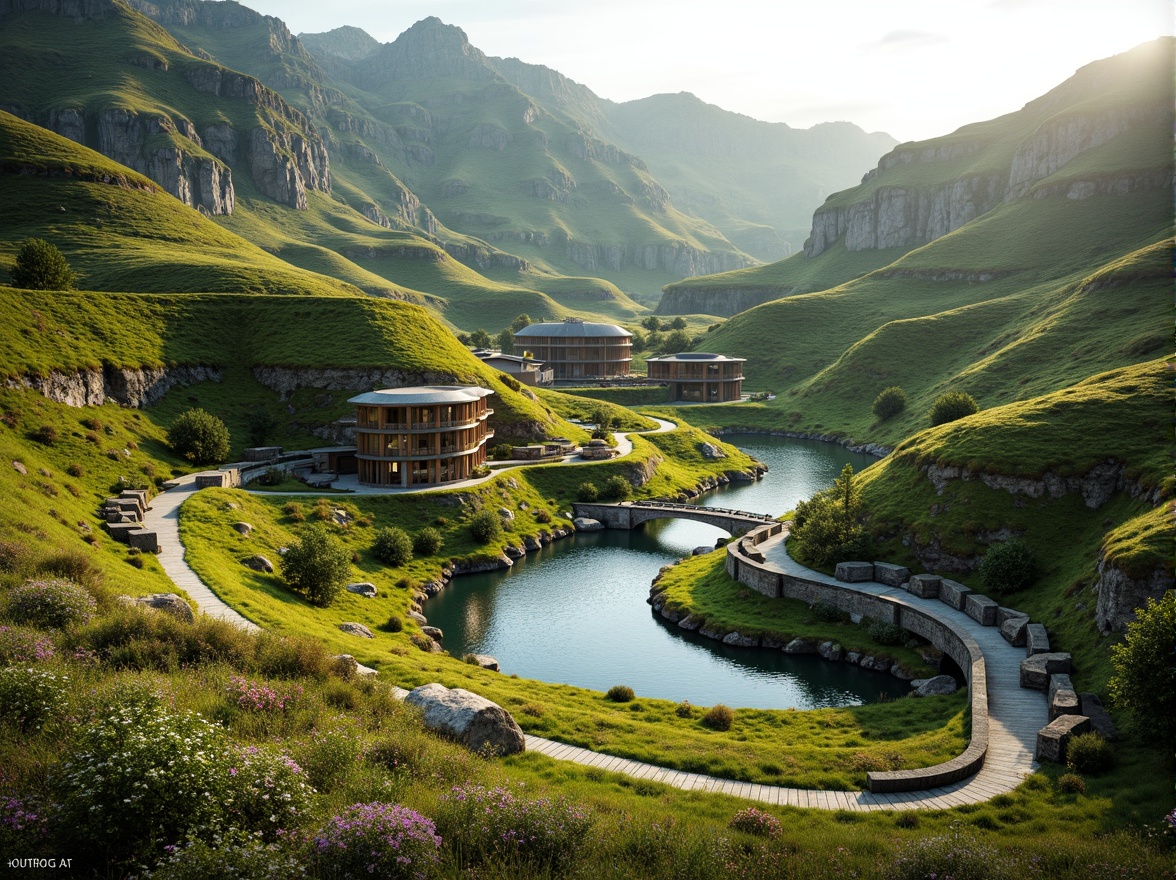 Prompt: Undulating hills, serpentine roads, winding water features, organic curvilinear buildings, fluid architecture, harmonious landscape integration, lush greenery, vibrant wildflowers, meandering pathways, natural stone walls, rustic wooden bridges, soft warm lighting, shallow depth of field, 3/4 composition, panoramic view, realistic textures, ambient occlusion.