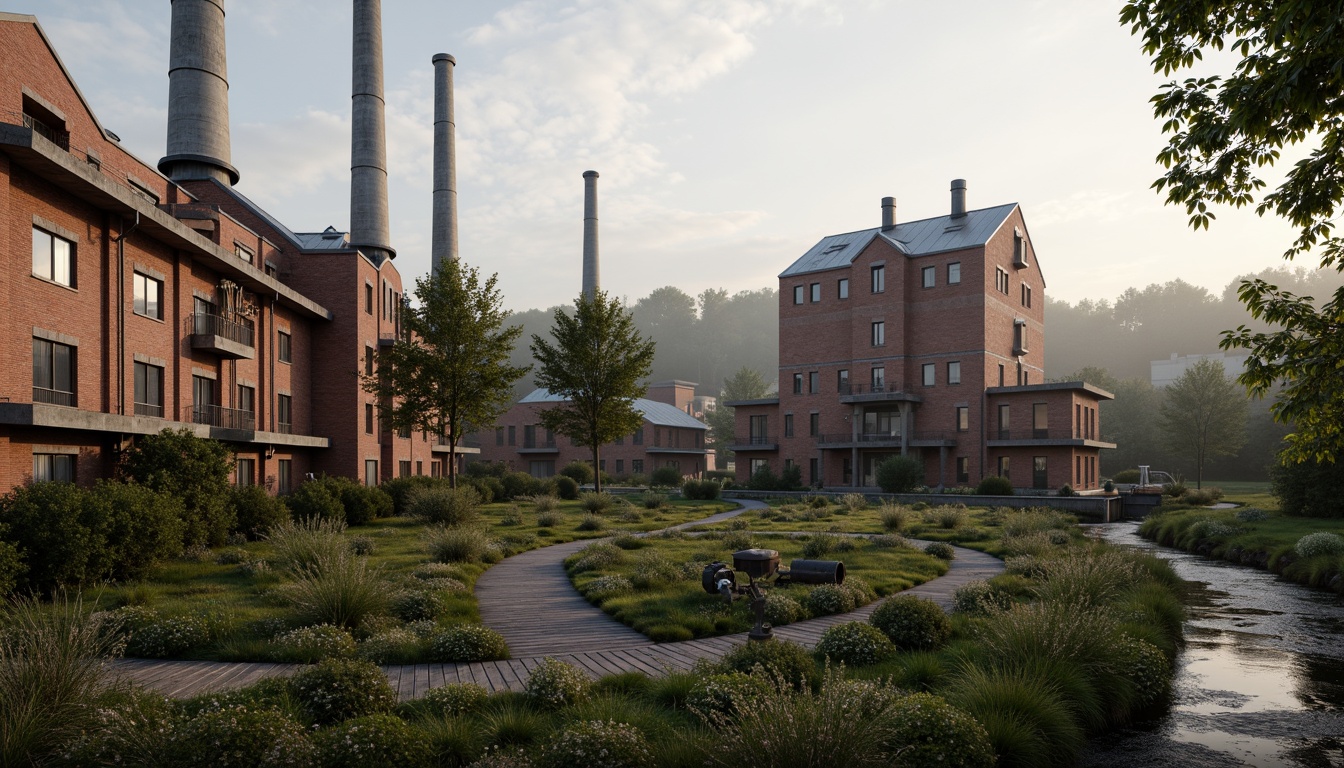 Prompt: Industrial factory complex, rustic brick buildings, corrugated metal roofs, worn concrete walls, vintage machinery, abandoned chimneys, overgrown vegetation, wildflowers, meandering streams, misty atmosphere, soft warm lighting, shallow depth of field, 3/4 composition, panoramic view, realistic textures, ambient occlusion, regionalism-inspired architecture, modern industrial design, functional spaces, exposed ductwork, metal catwalks, reclaimed wood accents, earthy color palette, natural stone pathways, weathered steel bridges.