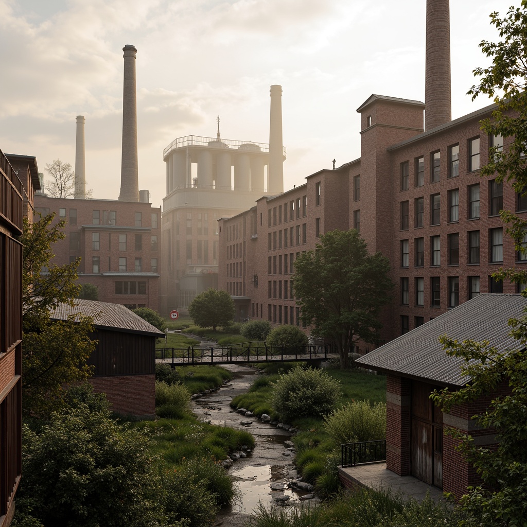 Prompt: Industrial factory complex, rustic brick buildings, corrugated metal roofs, worn concrete walls, vintage machinery, abandoned chimneys, overgrown vegetation, wildflowers, meandering streams, misty atmosphere, soft warm lighting, shallow depth of field, 3/4 composition, panoramic view, realistic textures, ambient occlusion, regionalism-inspired architecture, modern industrial design, functional spaces, exposed ductwork, metal catwalks, reclaimed wood accents, earthy color palette, natural stone pathways, weathered steel bridges.