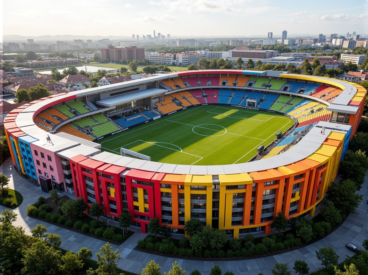 Prompt: Vibrant soccer stadium, social housing complex, bold team colors, dynamic architecture, angular lines, modern fa\u00e7ade, green roofs, eco-friendly materials, innovative ventilation systems, shaded outdoor spaces, misting systems, urban landscape, city skyline, sunny day, soft warm lighting, shallow depth of field, 3/4 composition, panoramic view, realistic textures, ambient occlusion.