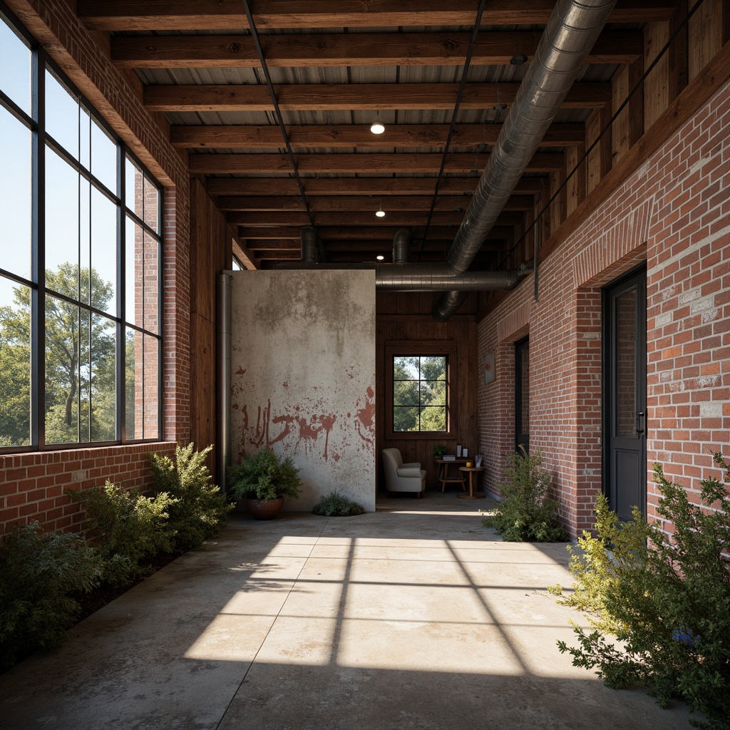 Prompt: Rustic industrial landscape, abandoned factories, worn brick walls, distressed metal roofs, reclaimed wood accents, earthy tones, natural textures, regional materials, local craftsmanship, exposed ductwork, concrete floors, steel beams, functional minimalism, industrial chic aesthetic, warm soft lighting, shallow depth of field, 1/1 composition, realistic renderings, ambient occlusion.