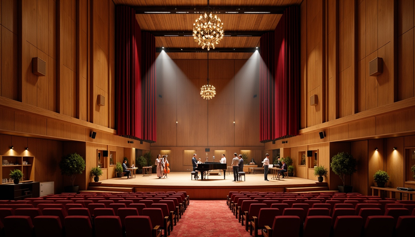 Prompt: Intimate concert hall, wooden acoustic panels, sound-absorbing materials, curved lines, minimalist decor, warm ambient lighting, shallow stage, grand piano, professional audio equipment, high ceilings, ornate chandeliers, plush red seats, velvet curtains, dramatic spotlights, 1/1 composition, soft focus, realistic textures, subtle reflections.