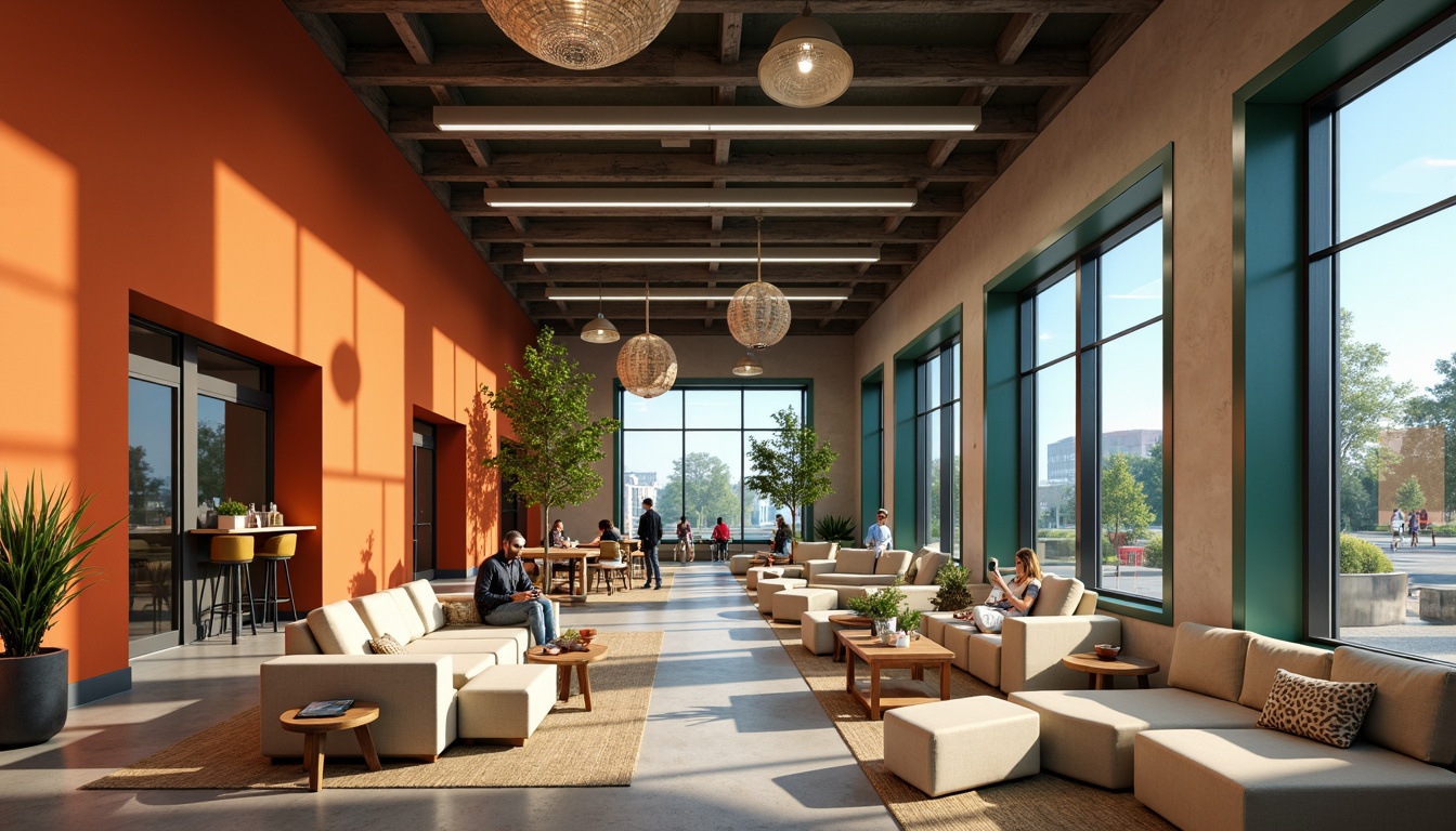 Prompt: Vibrant student lounge, bold accent walls, warm beige furniture, rich wood tones, calming blue-green hues, natural textiles, industrial metal accents, modern minimalist decor, cozy reading nooks, comfortable seating areas, abundant natural light, soft warm lighting, 1/1 composition, realistic textures, ambient occlusion.