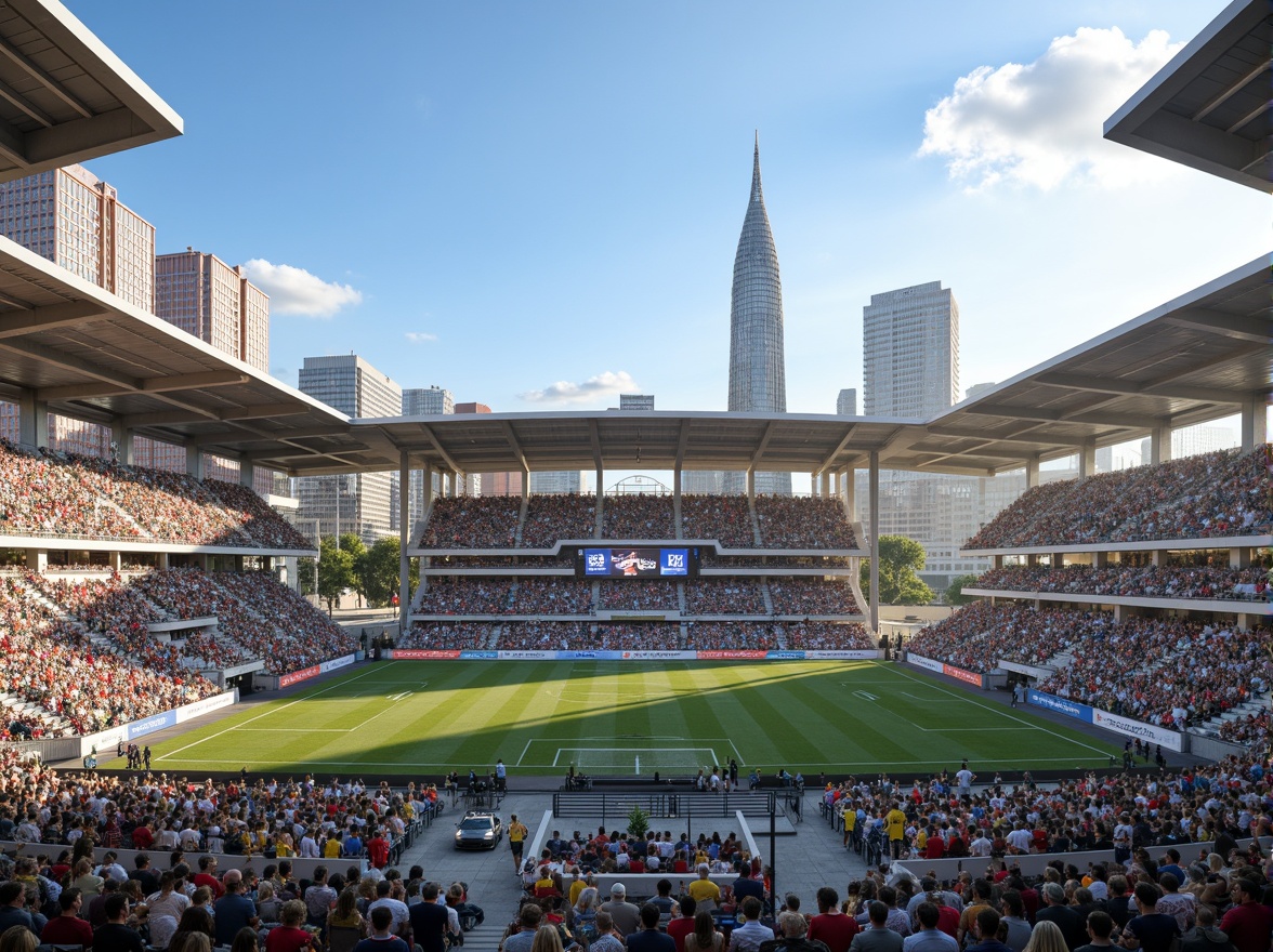 Prompt: Modern soccer stadium housing, sleek metal fa\u00e7ade, transparent glass walls, cantilevered roofs, vibrant team color accents, durable concrete floors, weather-resistant exterior cladding, energy-efficient LED lighting, spacious player lounges, state-of-the-art locker rooms, advanced athletic training facilities, panoramic views of the pitch, dynamic crowd seating areas, urban cityscape backdrop, clear blue sky, warm sunny day, shallow depth of field, 3/4 composition, realistic textures, ambient occlusion.