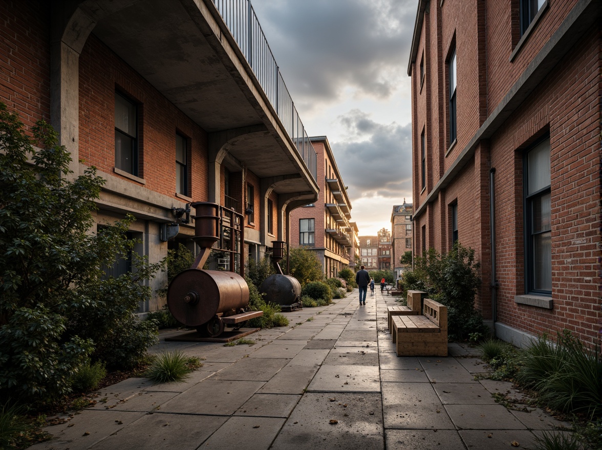 Prompt: Industrial factory setting, exposed brick walls, metal beams, worn wooden floors, distressed concrete textures, vintage machinery, rusty pipes, urban cityscape, cloudy grey skies, warm golden lighting, shallow depth of field, 1/2 composition, realistic materials, ambient occlusion, muted color palette, earthy tones, weathered steel blues, faded reds, industrial greens, creamy whites, rich browns.