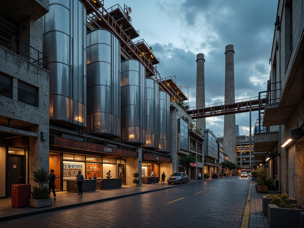 Prompt: Industrial energy plant, metallic surfaces, rusty steel beams, concrete foundations, exposed pipes, functional machinery, control rooms, warning signs, neon lights, reflective glass windows, brutalist architecture, angular lines, urban landscape, cloudy sky, dramatic lighting, high contrast, 1/1 composition, realistic textures, ambient occlusion.