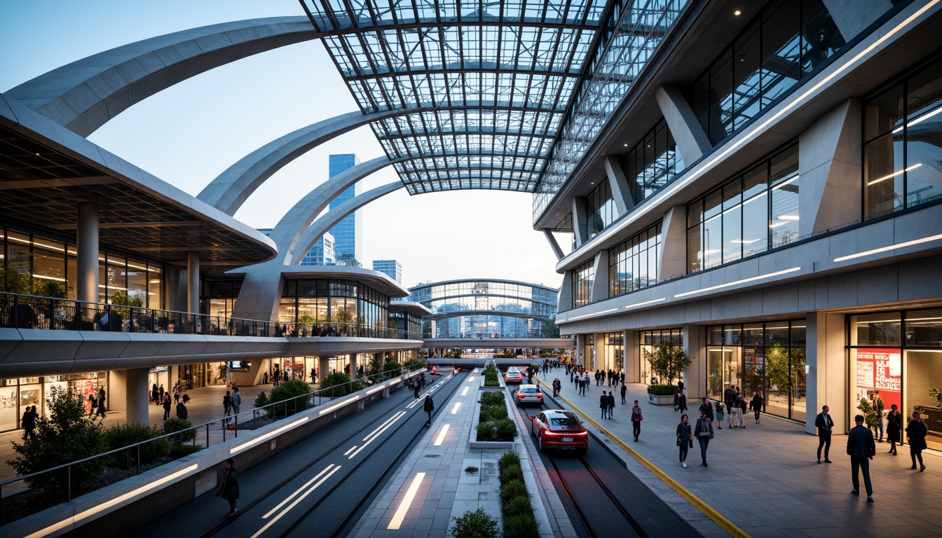 Prompt: Futuristic transportation hub, curved metallic structures, dynamic LED lighting, sleek glass fa\u00e7ades, angular steel beams, cantilevered roofs, elevated walkways, bustling pedestrian zones, vibrant urban landscapes, morning rush hour atmosphere, soft natural light, shallow depth of field, 1/2 composition, panoramic view, realistic reflections, ambient occlusion, intricate network patterns, high-tech materials, sustainable energy systems, green roofs, innovative ventilation technologies.