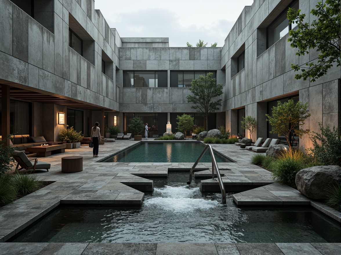 Prompt: Rugged concrete walls, fragmented stone tiles, distressed metal accents, irregularly shaped pools, turbulent water effects, abstract sculptures, industrial-style lighting fixtures, exposed pipes and ducts, brutalist architecture, weathered wood decking, rough-hewn boulders, overgrown vegetation, misty atmosphere, dramatic shadows, high-contrast lighting, cinematic composition, bold color palette, textured renderings.