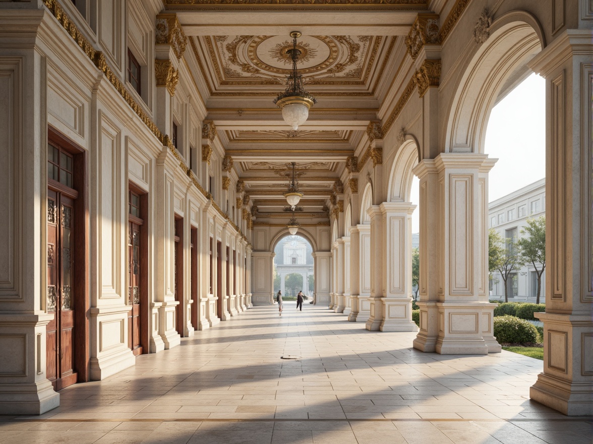 Prompt: Elegant neoclassical architecture, ornate columns, intricately carved details, soft creamy whites, warm beige tones, rich gold accents, deep blues, velvety reds, subtle earthy undertones, ornamental moldings, grandiose scale, symmetrical composition, dramatic lighting, high contrast ratios, atmospheric perspective, realistic textures, ambient occlusion.