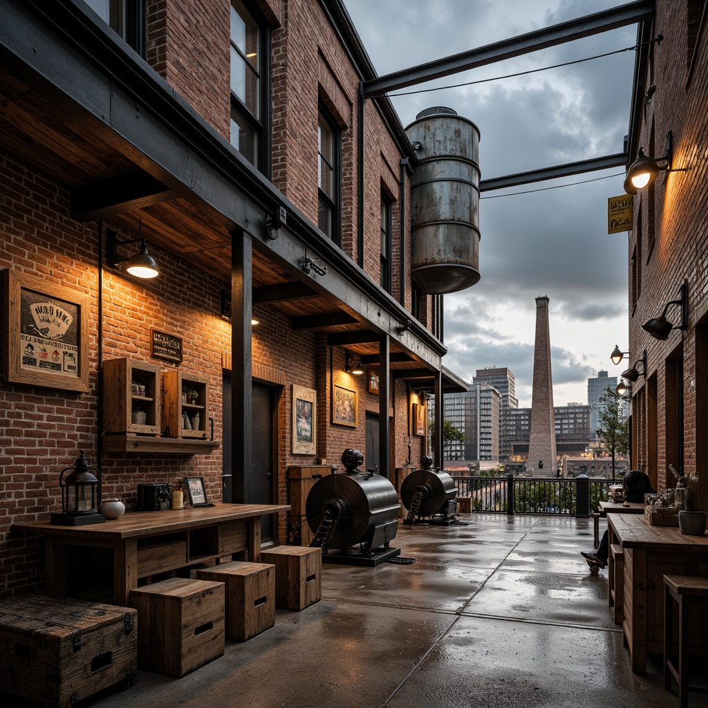 Prompt: Rustic industrial factory, exposed brick walls, metallic beams, reclaimed wood accents, distressed concrete floors, vintage machinery, urban cityscape, cloudy grey sky, warm soft lighting, shallow depth of field, 1/1 composition, realistic textures, ambient occlusion, worn wooden crates, old-fashioned lanterns, faded signage, eclectic mix of materials, post-industrial aesthetic, nostalgic atmosphere.