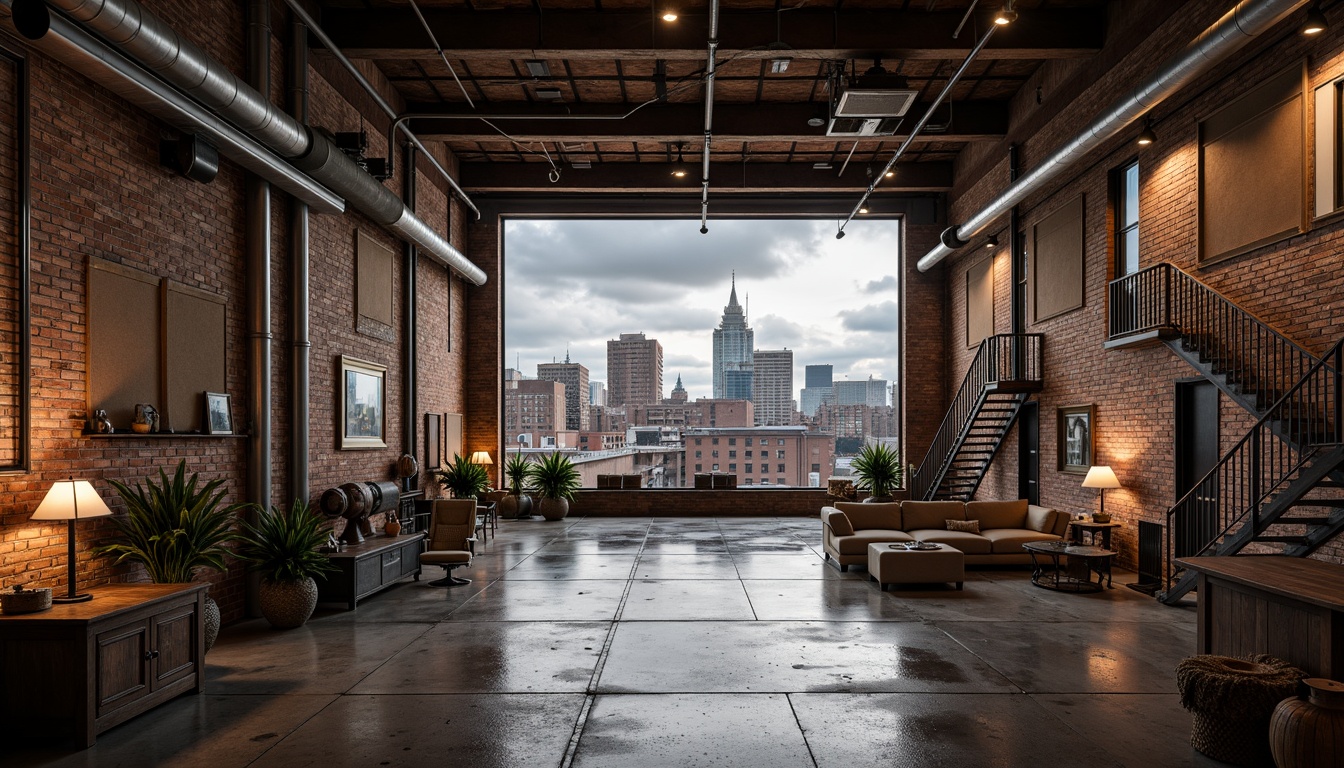 Prompt: Rustic industrial warehouse, exposed brick walls, metal beams, reclaimed wood accents, vintage machinery, distressed concrete floors, urban cityscape, cloudy grey sky, dramatic warm lighting, shallow depth of field, 1/1 composition, realistic textures, ambient occlusion, functional pipes, industrial-style lamps, metallic staircases, minimalist decor, modern urban living, converted loft spaces.