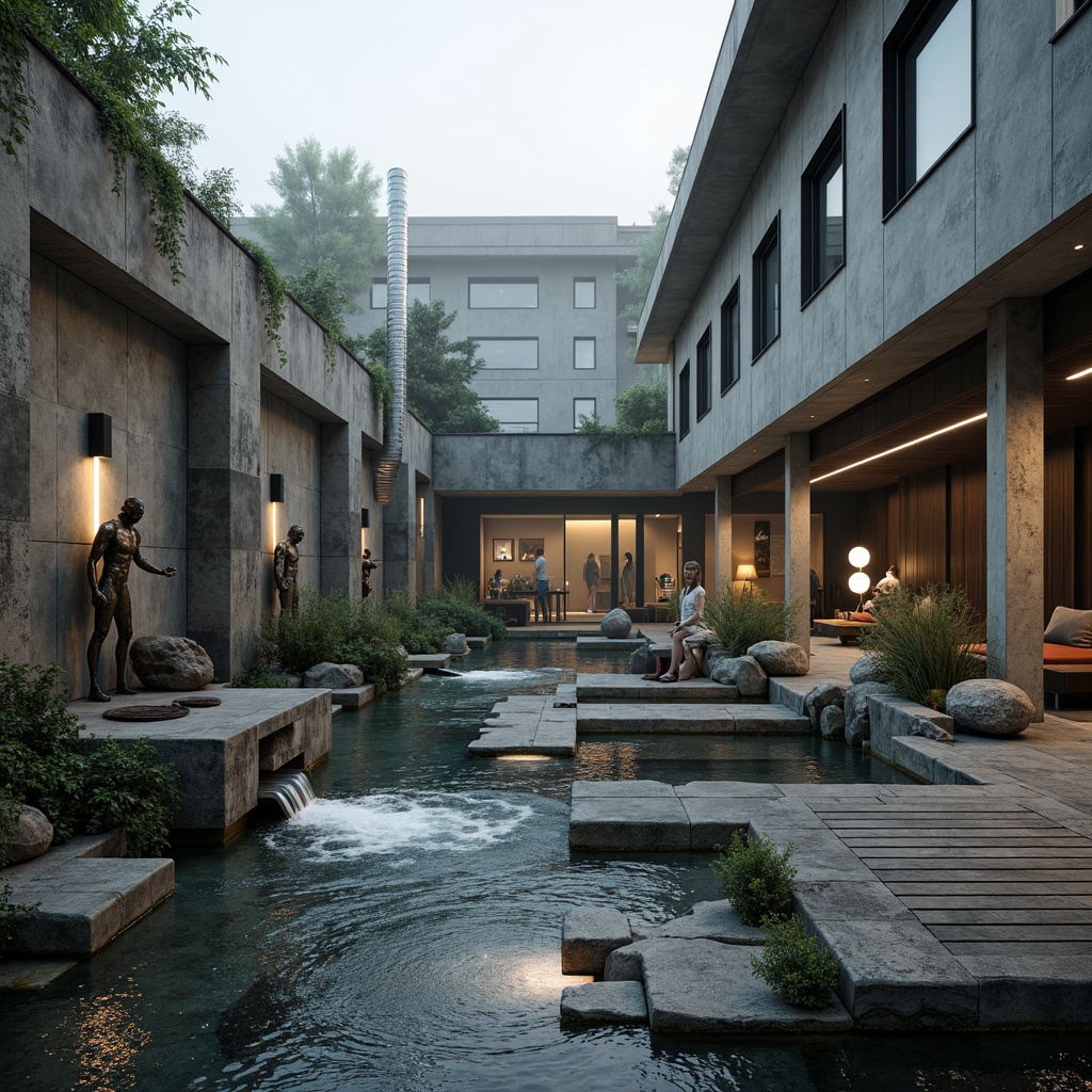 Prompt: Rugged concrete walls, fragmented stone tiles, distressed metal accents, irregularly shaped pools, turbulent water effects, abstract sculptures, industrial-style lighting fixtures, exposed pipes and ducts, brutalist architecture, weathered wood decking, rough-hewn boulders, overgrown vegetation, misty atmosphere, dramatic shadows, high-contrast lighting, cinematic composition, bold color palette, textured renderings.