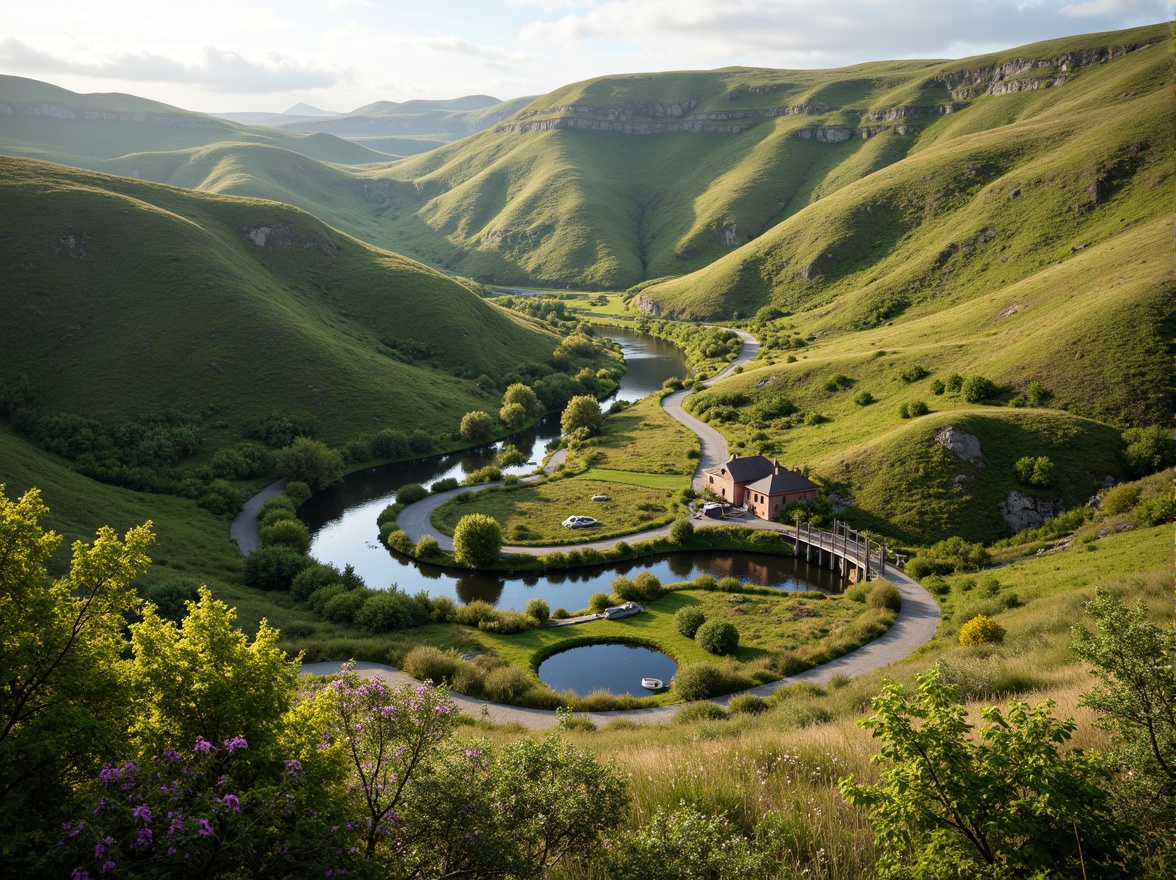 Prompt: Undulating hills, serpentine roads, winding water features, organic curvilinear forms, harmonious landscape integration, lush green vegetation, vibrant wildflowers, meandering pathways, rustic stone walls, wooden bridges, tranquil ponds, reflective surfaces, soft warm lighting, shallow depth of field, 1/1 composition, panoramic view, realistic textures, ambient occlusion.