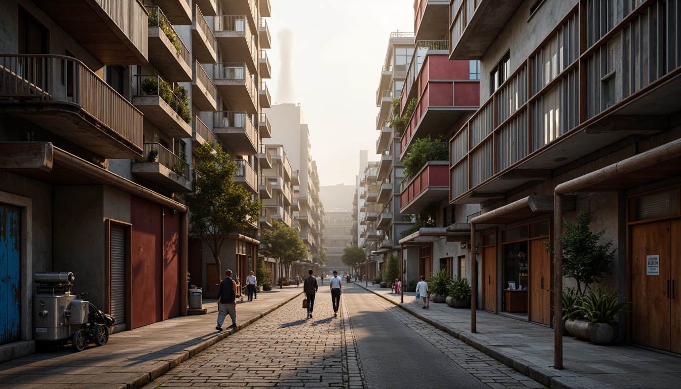 Prompt: Industrial landscape, rugged concrete roads, metallic buildings, exposed ductwork, steel beams, industrial pipes, mechanical equipment, urban cityscape, misty atmosphere, warm golden lighting, shallow depth of field, 2/3 composition, realistic textures, ambient occlusion, muted color palette, earthy tones, rusty reds, deep blues, weathered wood accents, distressed metal finishes, functional design elements.