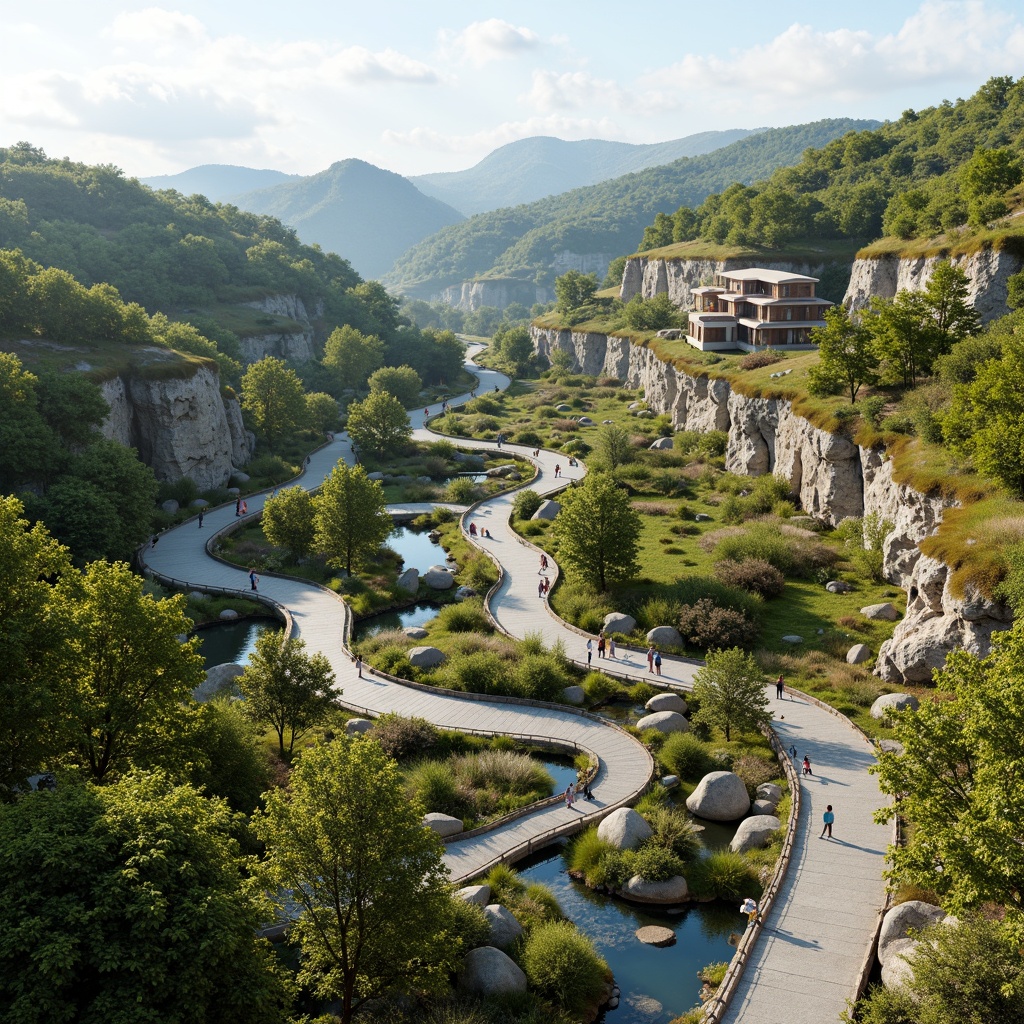 Prompt: Undulating hills, serpentine roads, winding water features, organic curvilinear buildings, fluid architecture, harmonious landscape integration, lush greenery, vibrant wildflowers, meandering pathways, natural stone walls, rustic wooden bridges, soft warm lighting, shallow depth of field, 3/4 composition, panoramic view, realistic textures, ambient occlusion.