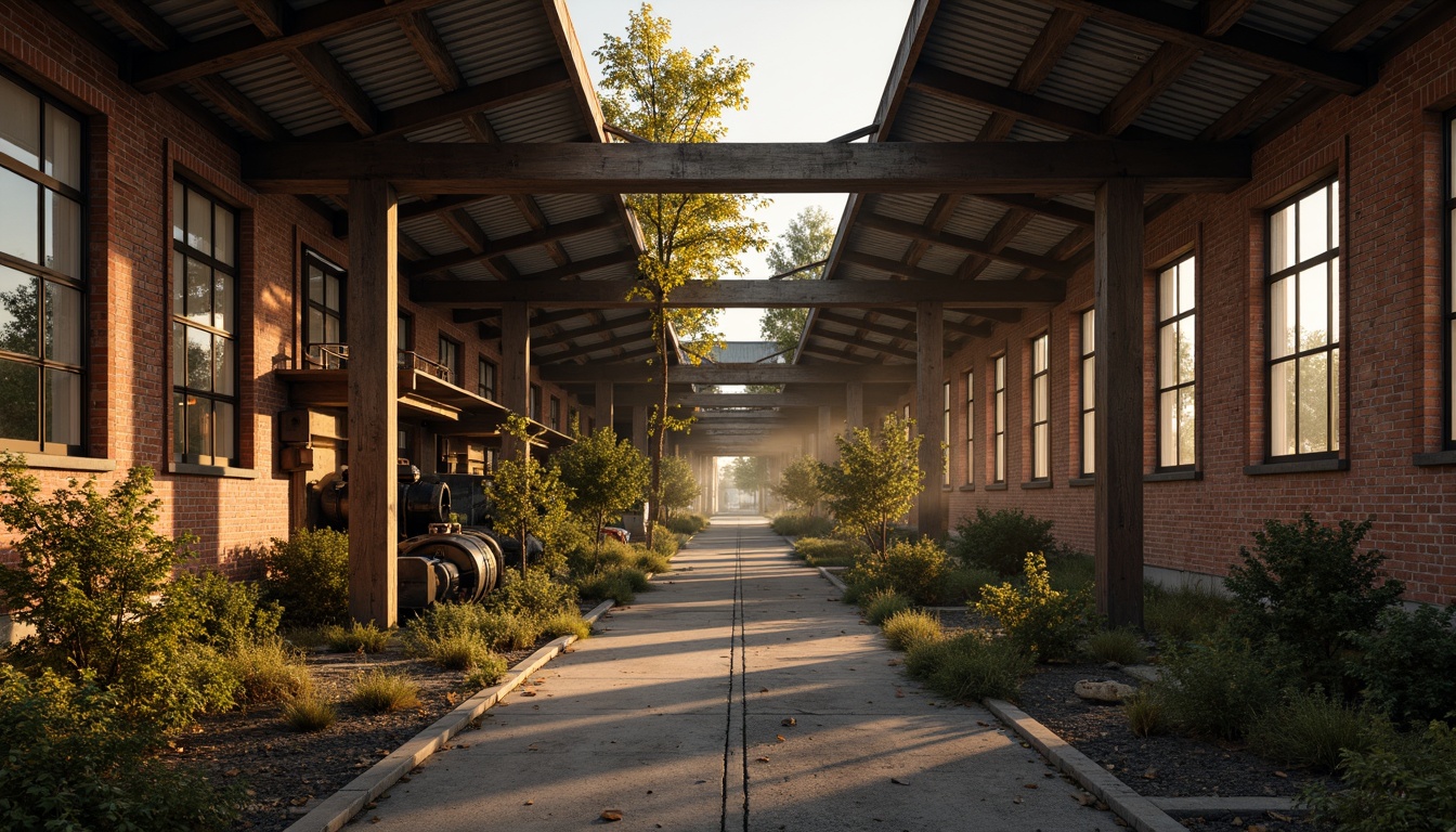 Prompt: Rustic industrial landscape, abandoned factories, distressed brick walls, corrugated metal roofs, worn wooden beams, vintage machinery, urban decay, overgrown vegetation, gritty urban atmosphere, warm golden lighting, shallow depth of field, 1/2 composition, cinematic view, realistic textures, ambient occlusion, nostalgic mood, retro-futuristic elements, exposed ductwork, concrete floors, steel columns, reclaimed wood accents, industrial chic aesthetic.