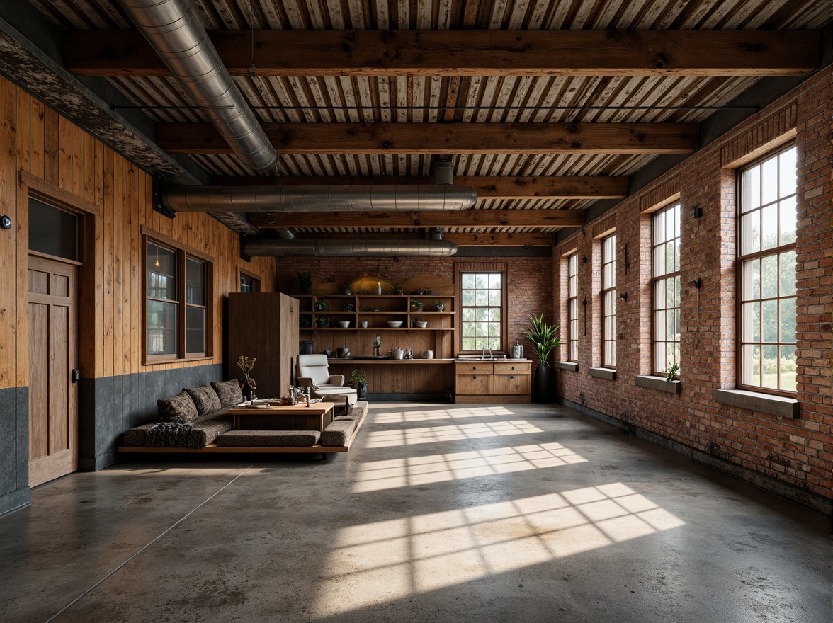 Prompt: Rustic industrial landscape, abandoned factories, worn brick walls, distressed metal roofs, reclaimed wood accents, earthy tones, natural textures, regional materials, local craftsmanship, exposed ductwork, concrete floors, steel beams, functional minimalism, industrial chic aesthetic, warm soft lighting, shallow depth of field, 1/1 composition, realistic renderings, ambient occlusion.