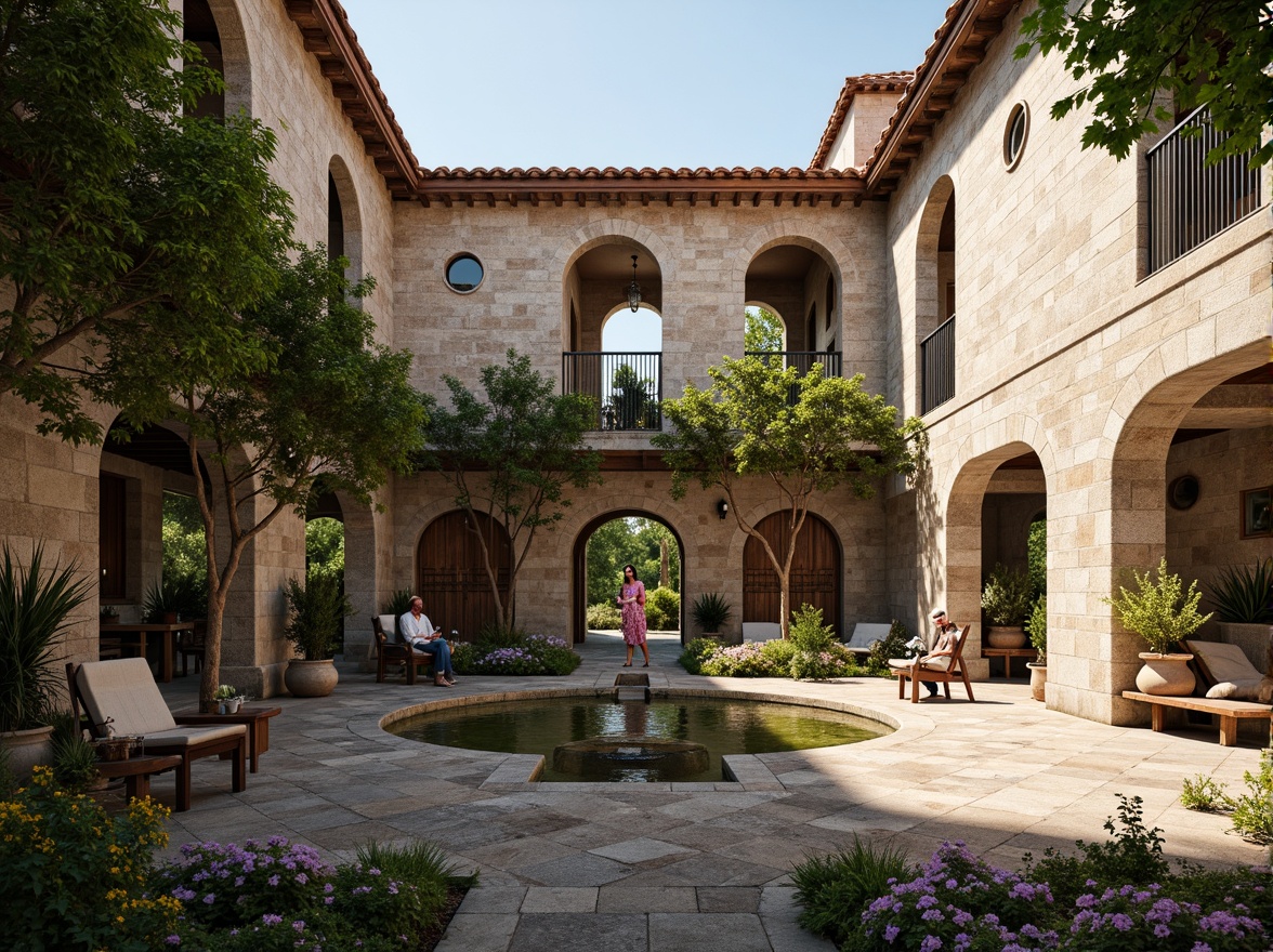 Prompt: Serene monastery courtyard, rustic stone walls, ornate wooden doors, tranquil water features, lush greenery, vibrant flowers, peaceful statues, intricate stonework, regional architectural elements, curved lines, earthy color palette, natural light filtering, warm ambient lighting, shallow depth of field, 3/4 composition, panoramic view, realistic textures, ambient occlusion.