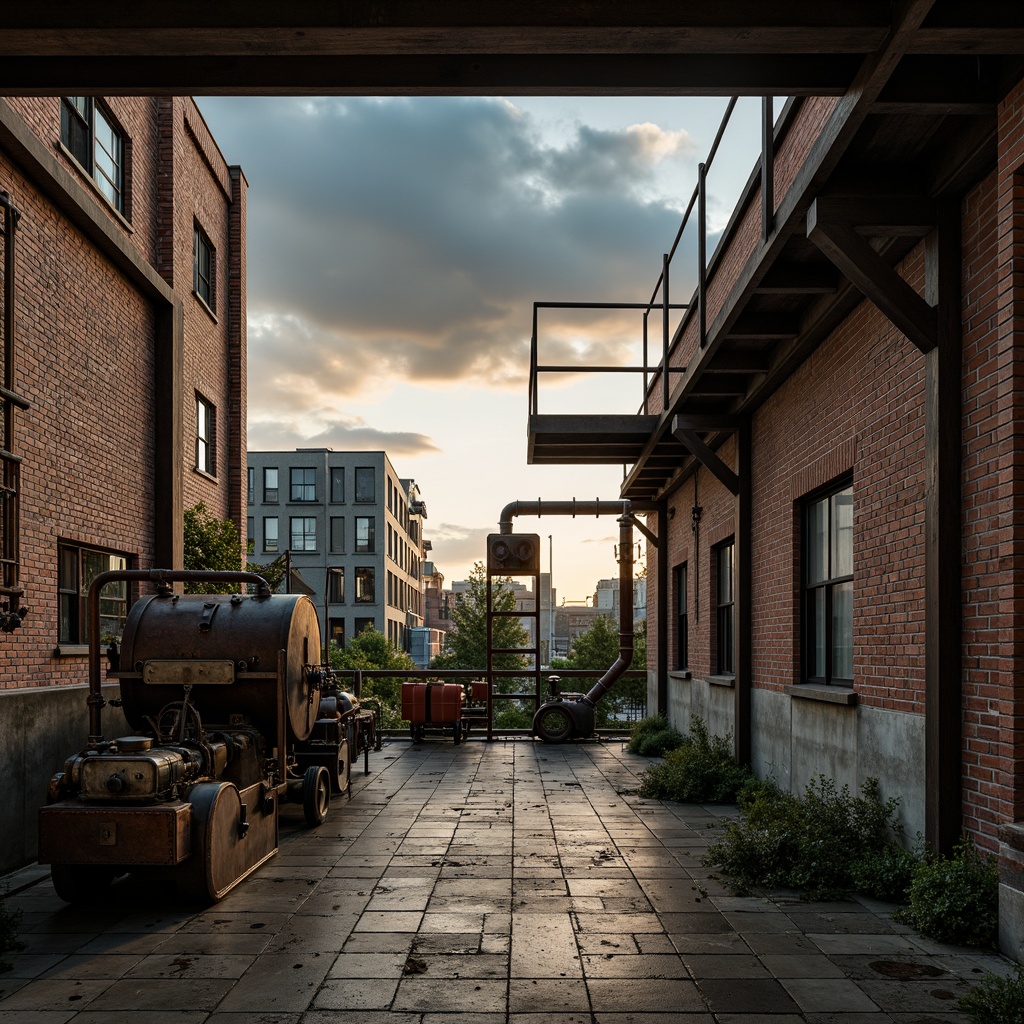 Prompt: Industrial factory setting, exposed brick walls, metal beams, worn wooden floors, distressed concrete textures, vintage machinery, rusty pipes, urban cityscape, cloudy grey skies, warm golden lighting, shallow depth of field, 1/2 composition, realistic render, ambient occlusion, muted color palette, earthy tones, weathered steel blues, faded reds, industrial greens, creamy whites, worn leather accents, metallic sheens.