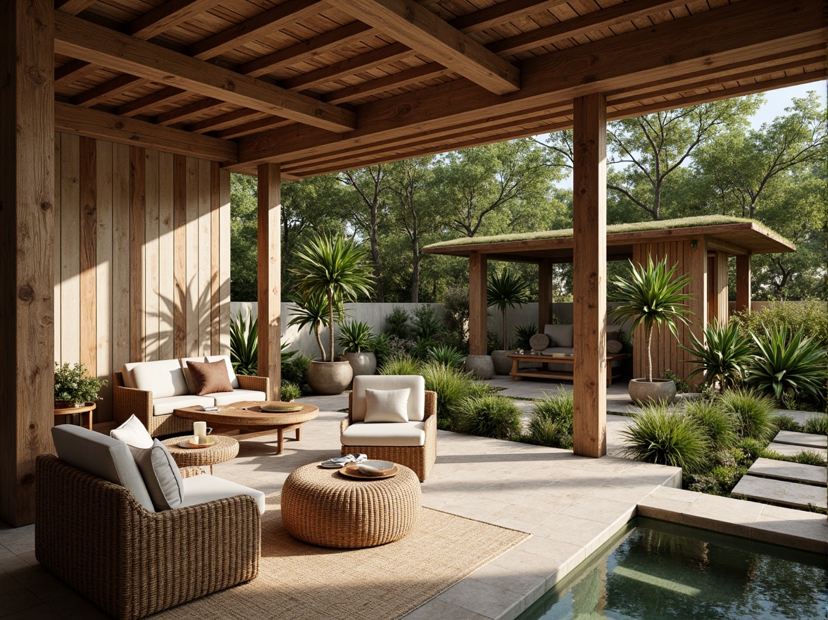 Prompt: Rustic wooden accents, reclaimed timber, natural stone walls, earthy color palette, organic textures, bamboo flooring, woven rattan furniture, living green roofs, lush vegetation, serene water features, minimalist decor, warm ambient lighting, soft shadows, 1/1 composition, realistic renderings, subtle depth of field.