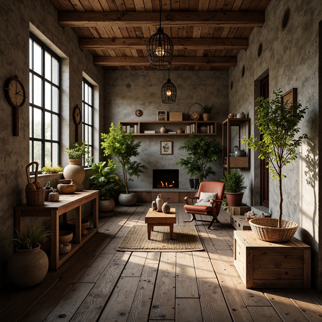 Prompt: Weathered wooden planks, rusty metal accents, distressed concrete walls, reclaimed wood furniture, earthy color palette, natural textiles, woven baskets, vintage decorative items, cozy ambient lighting, soft warm glow, shallow depth of field, 3/4 composition, realistic textures, ambient occlusion.