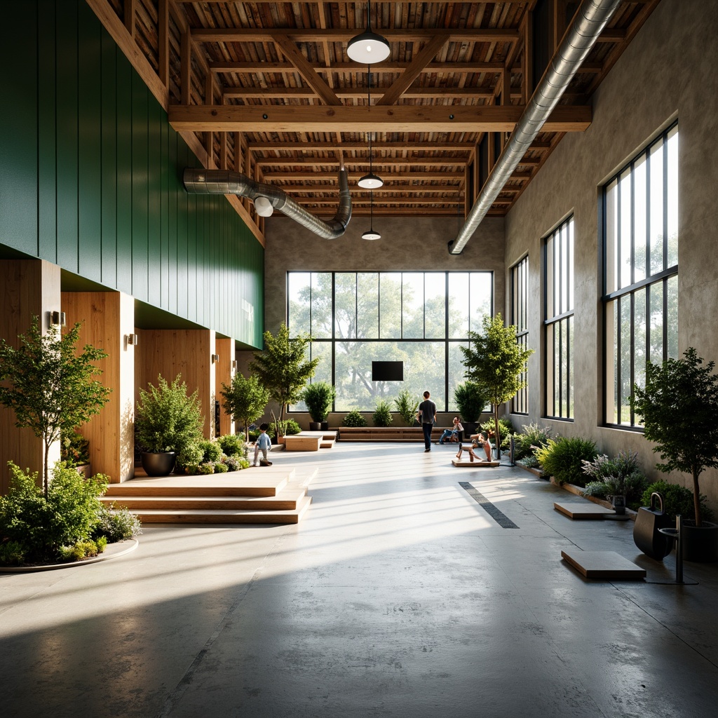 Prompt: Minimalist gymnasium interior, natural light pouring in, polished concrete floors, reclaimed wood accents, industrial metal beams, eco-friendly rubber flooring, energy-efficient LED lighting, green walls with living plants, modern minimalist equipment, sleek steel frames, recycled plastic furniture, calm color palette, abundant natural ventilation, shallow depth of field, 1/1 composition, soft warm lighting, realistic textures, ambient occlusion.