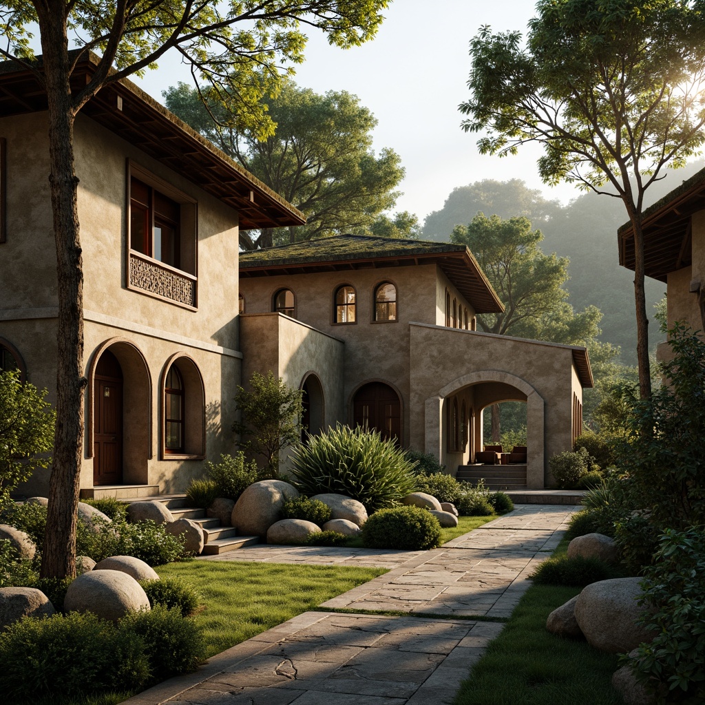 Prompt: Rustic monastery buildings, organic architecture, earthy tones, natural stone walls, wooden accents, curved lines, arched windows, stained glass details, intricate carvings, textured surfaces, rough-hewn stones, moss-covered roofs, lush greenery, serene atmosphere, soft warm lighting, shallow depth of field, 1/1 composition, realistic textures, ambient occlusion.