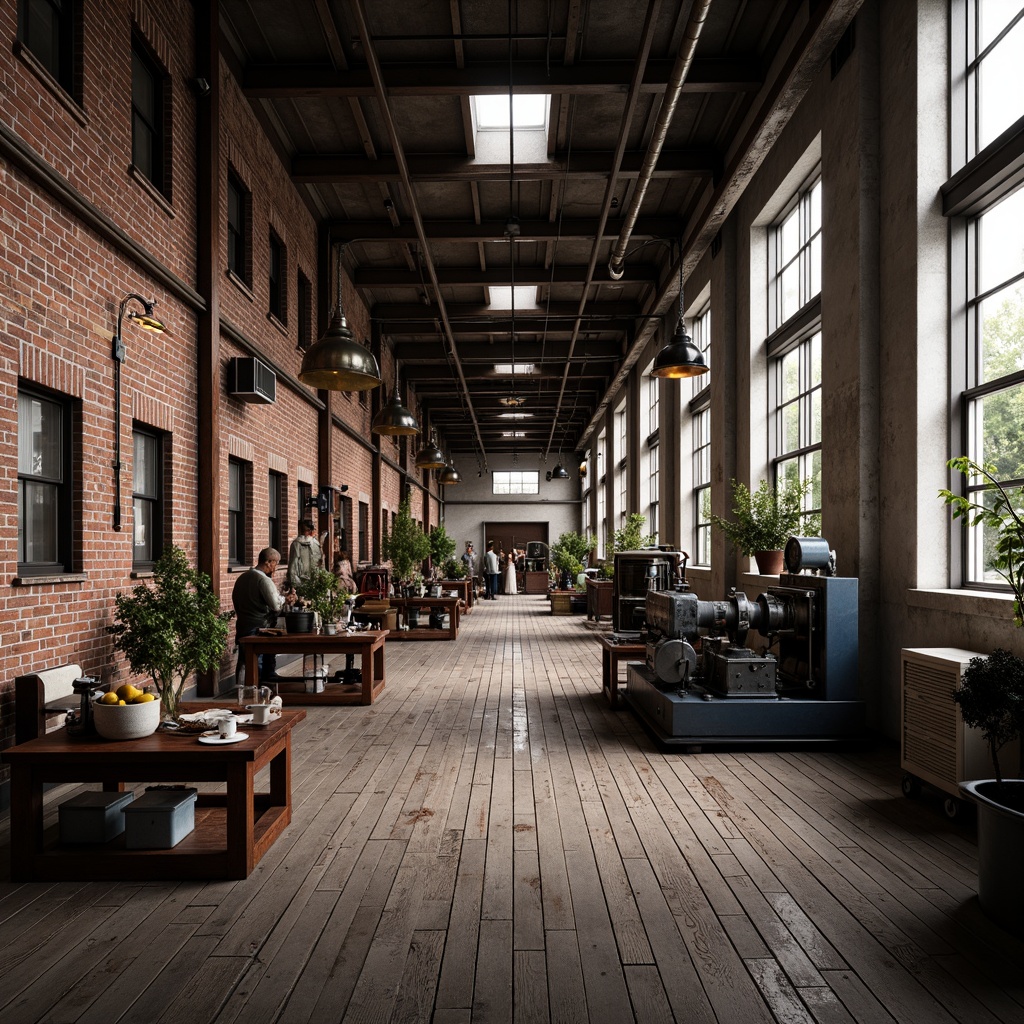 Prompt: Industrial factory setting, exposed brick walls, metal beams, worn wooden floors, vintage machinery, distressed textures, earthy tones, muted colors, rusty reds, weathered blues, faded yellows, industrial greys, urban atmosphere, gritty realism, high contrast lighting, dramatic shadows, cinematic composition, 1/2 camera angle, realistic renderings, ambient occlusion.