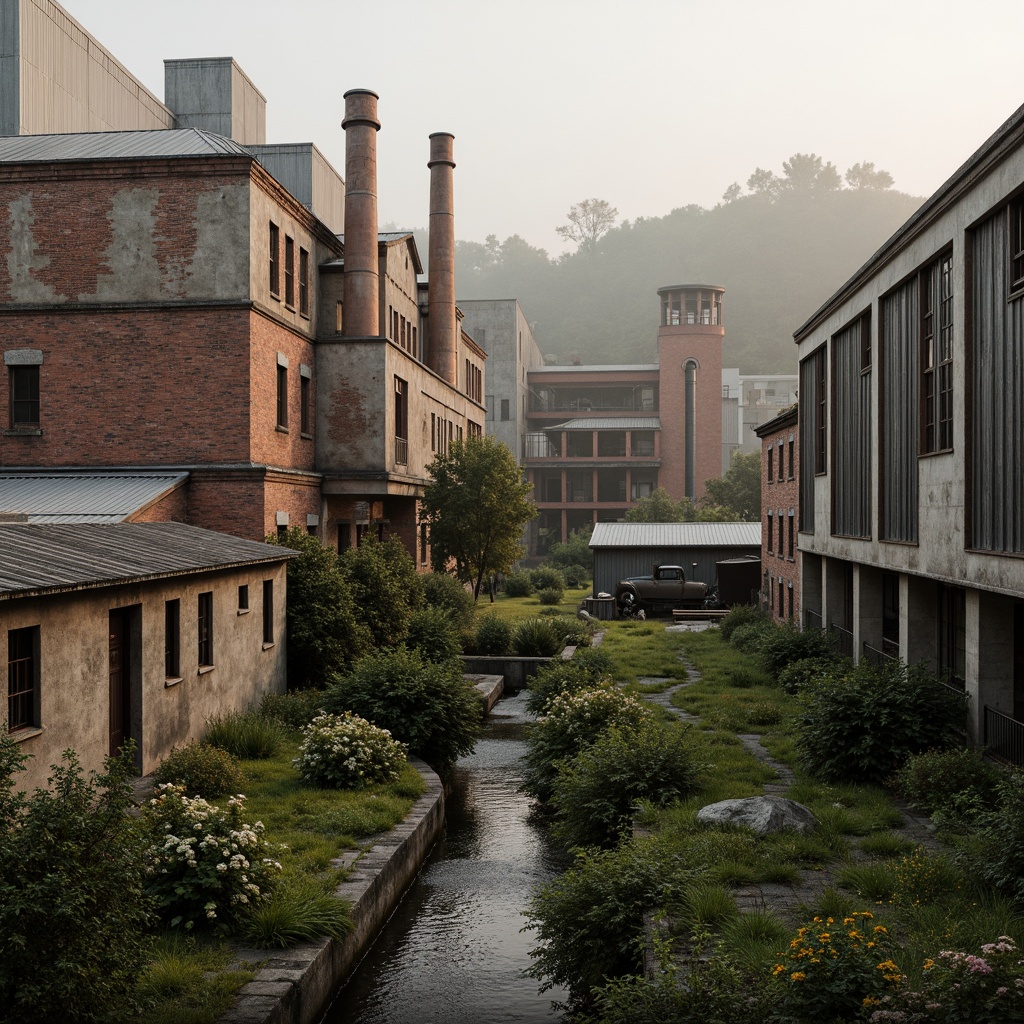 Prompt: Industrial factory complex, rustic brick buildings, corrugated metal roofs, worn concrete walls, vintage machinery, abandoned chimneys, overgrown vegetation, wildflowers, meandering streams, misty atmosphere, soft warm lighting, shallow depth of field, 3/4 composition, panoramic view, realistic textures, ambient occlusion, regionalist architectural style, functional simplicity, earthy color palette, distressed finishes, reclaimed wood accents, metal cladding, industrial heritage, nostalgic ambiance.