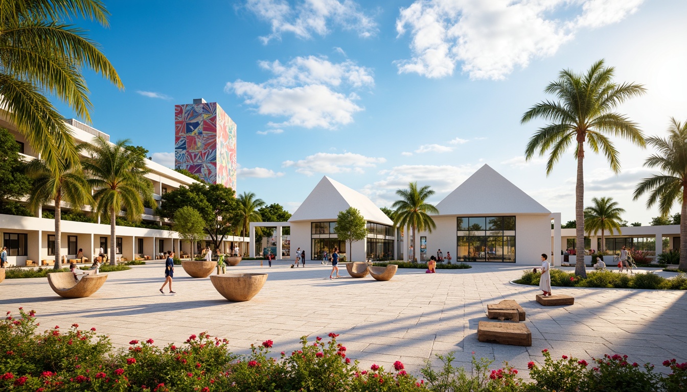 Prompt: Sandy beachside cultural center, tropical palm trees, vibrant hibiscus flowers, ocean-inspired sculptures, driftwood benches, seaside promenade, coral stone walkways, modern minimalist architecture, large glass windows, sliding doors, natural ventilation systems, eco-friendly materials, sustainable energy solutions, solar panels, wind turbines, water conservation systems, green roofs, shaded outdoor spaces, misting systems, nautical-themed decorations, colorful textiles, intricate geometric patterns, warm sunny day, soft warm lighting, shallow depth of field, 3/4 composition, panoramic view, realistic textures, ambient occlusion.