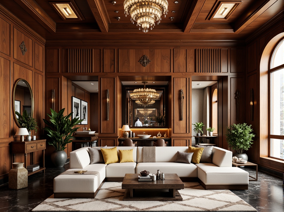 Prompt: Luxurious Art Deco apartment, opulent furnishings, rich wood paneling, metallic accents, ornate mirrors, lavish chandeliers, geometric patterns, bold color schemes, velvet drapes, marble floors, high ceilings, grand staircases, spacious living rooms, intimate dining areas, sleek kitchen islands, modern appliances, ample storage spaces, elegant bathrooms, freestanding tubs, rainfall showerheads, abundant natural light, soft warm glow, 1/1 composition, shallow depth of field, realistic textures, ambient occlusion.