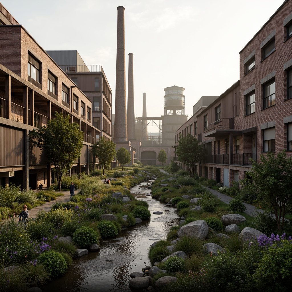 Prompt: Industrial factory complex, rustic brick buildings, corrugated metal roofs, worn concrete walls, vintage machinery, abandoned chimneys, overgrown vegetation, wildflowers, meandering streams, misty atmosphere, soft warm lighting, shallow depth of field, 3/4 composition, panoramic view, realistic textures, ambient occlusion, regionalism-inspired architecture, modern industrial design, functional spaces, exposed ductwork, metal catwalks, reclaimed wood accents, earthy color palette, natural stone pathways, weathered steel bridges.