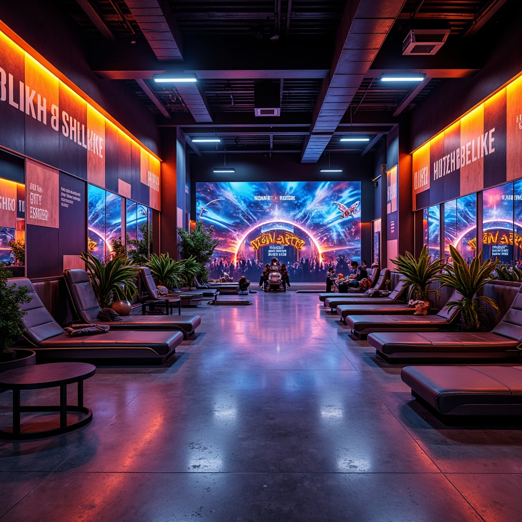 Prompt: Vibrant fitness club, energetic atmosphere, bold color scheme, neon lights, dark grey floors, metallic equipment, sleek mirrors, modern architecture, industrial chic design, urban loft style, exposed brick walls, reclaimed wood accents, motivational quotes, dynamic lighting, high-contrast colors, electric blue tones, fiery orange hues, deep black backgrounds, silver chrome details, abstract geometric patterns, futuristic ambiance, intense workout zones, relaxation lounges, natural stone features, refreshing greenery, invigorating scents.