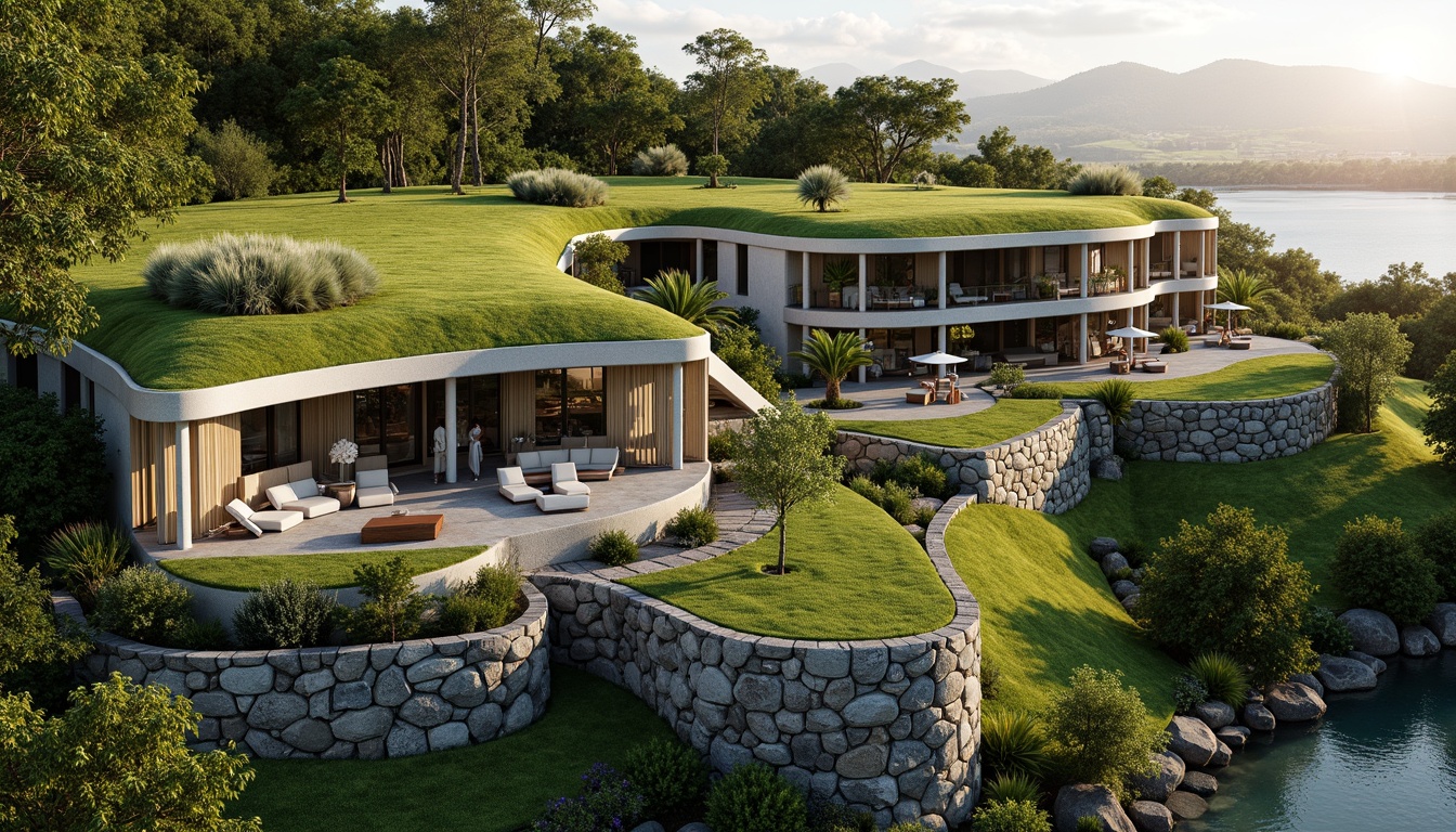 Prompt: Harmonious building integration, lush green roofs, verdant walls, natural stone facades, curved lines, organic shapes, seamless transitions, outdoor living spaces, infinity pools, water features, walking trails, native plant species, bird's eye view, 1/1 composition, soft warm lighting, shallow depth of field, realistic textures, ambient occlusion.