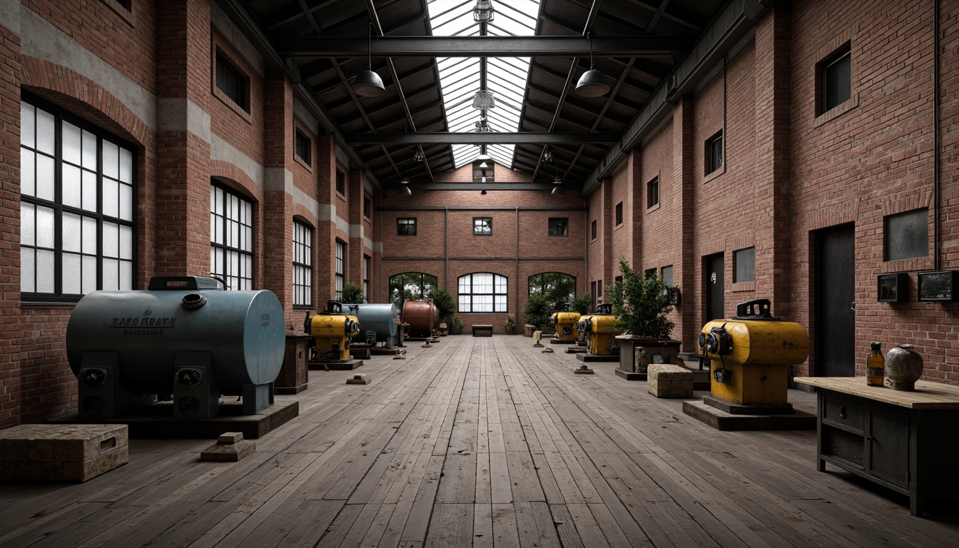 Prompt: Industrial factory setting, exposed brick walls, metal beams, worn wooden floors, vintage machinery, distressed textures, earthy tones, muted colors, rusty reds, weathered blues, faded yellows, industrial greys, urban atmosphere, gritty realism, high contrast lighting, dramatic shadows, cinematic composition, 1/2 camera angle, realistic renderings, ambient occlusion.