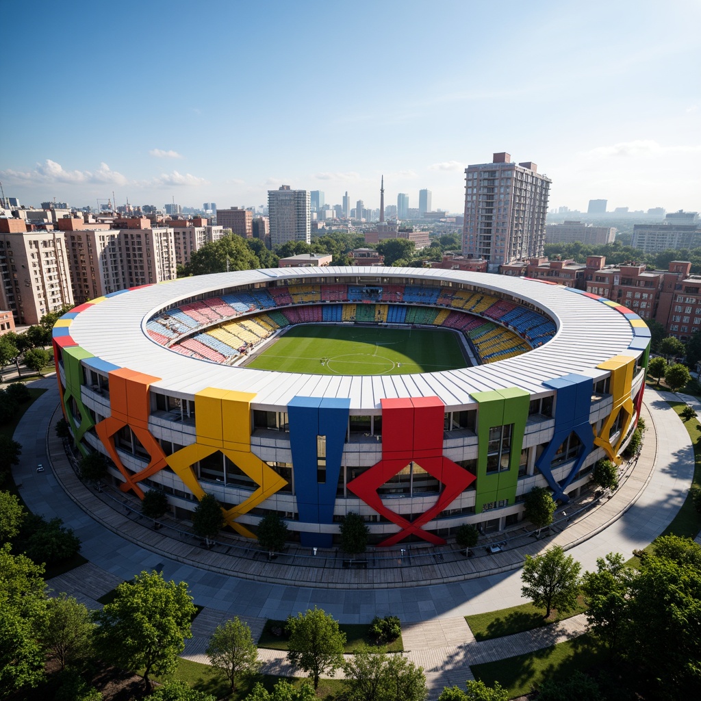 Prompt: Vibrant soccer stadium, social housing facade, bold color scheme, dynamic curves, angular lines, modern architecture, cantilevered roofs, large windows, metal cladding, concrete structures, urban landscape, city skyline, sunny day, dramatic lighting, shallow depth of field, 3/4 composition, panoramic view, realistic textures, ambient occlusion.