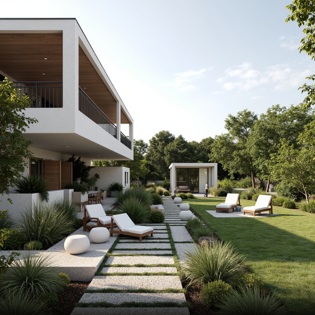 Prompt: Sleek villa, minimalist architecture, clean lines, simple forms, neutral color palette, lush greenery, trimmed hedges, manicured lawns, gravel pathways, natural stone walls, wooden decks, modern outdoor furniture, geometric planters, succulent arrangements, serene ambiance, soft warm lighting, shallow depth of field, 3/4 composition, panoramic view, realistic textures, ambient occlusion.